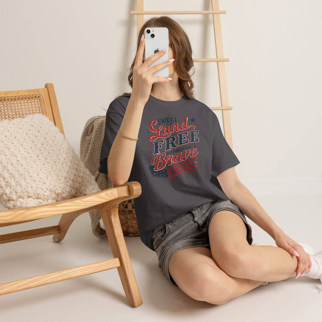 Patriotic Tee — "Sweet Land Free Because of the Brave" American Flag Shirt