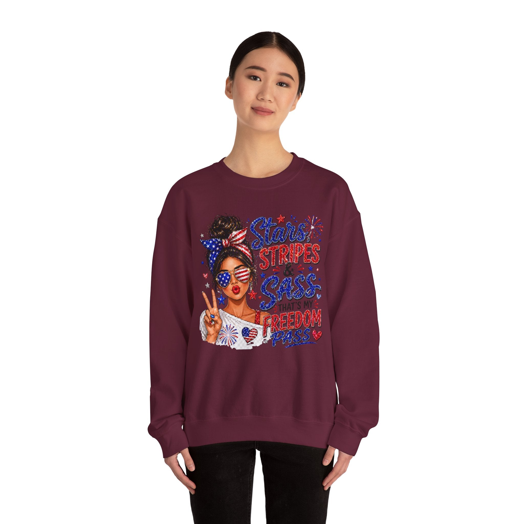 Patriotic 'Stars, Stripes & Sass' Crewneck Sweatshirt – 4th of July Freedom Pass Graphic