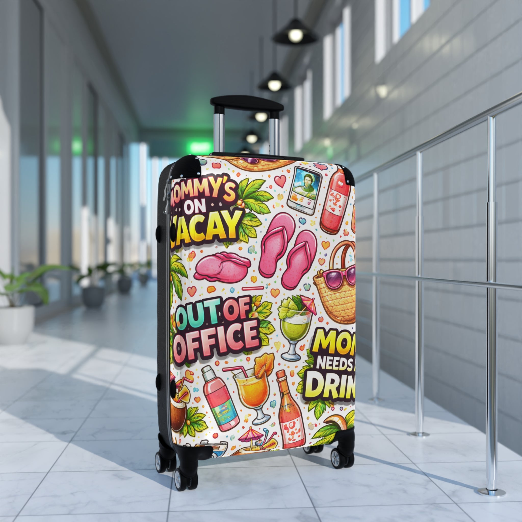Vacation Vibes Carry-On Suitcase – "Mom Needs a Drink" Tropical Travel Luggage