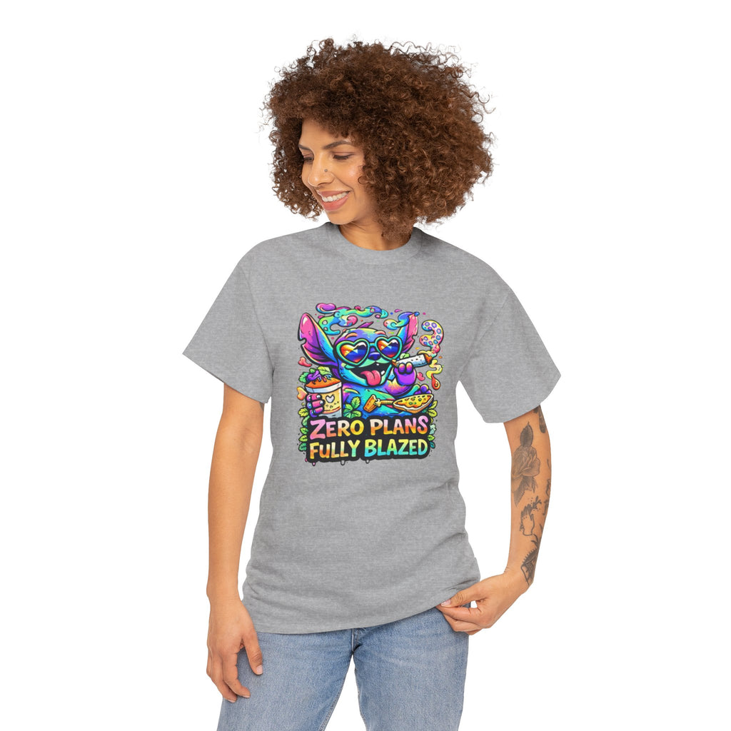 Zero Plans Fully Blazed Tee — Colorful Stoner Cat Graphic T-Shirt