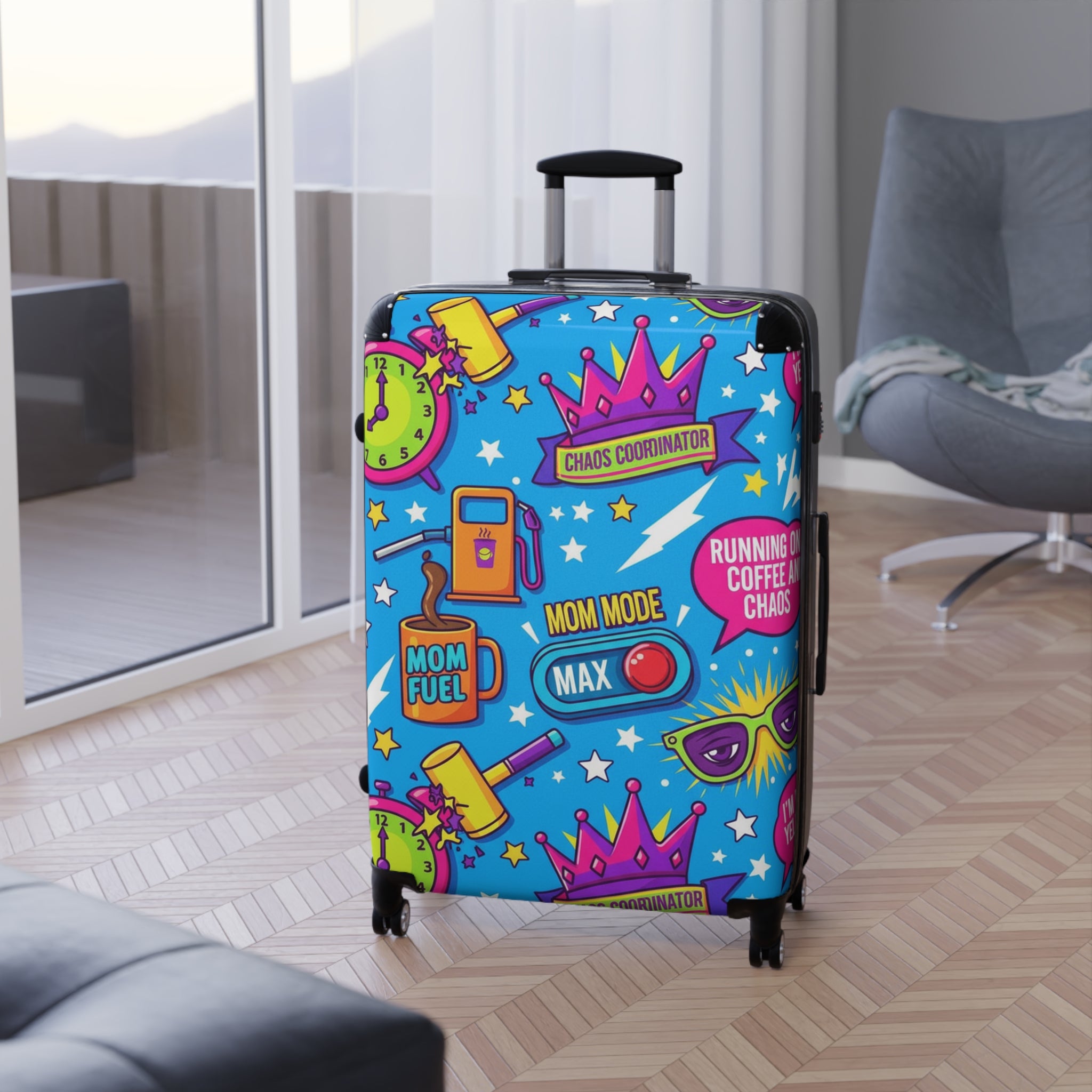 Mom Fuel Suitcase – Colorful Travel Luggage with 'Mom Mode' & 'Chaos Coordinator' Pop-Art Design