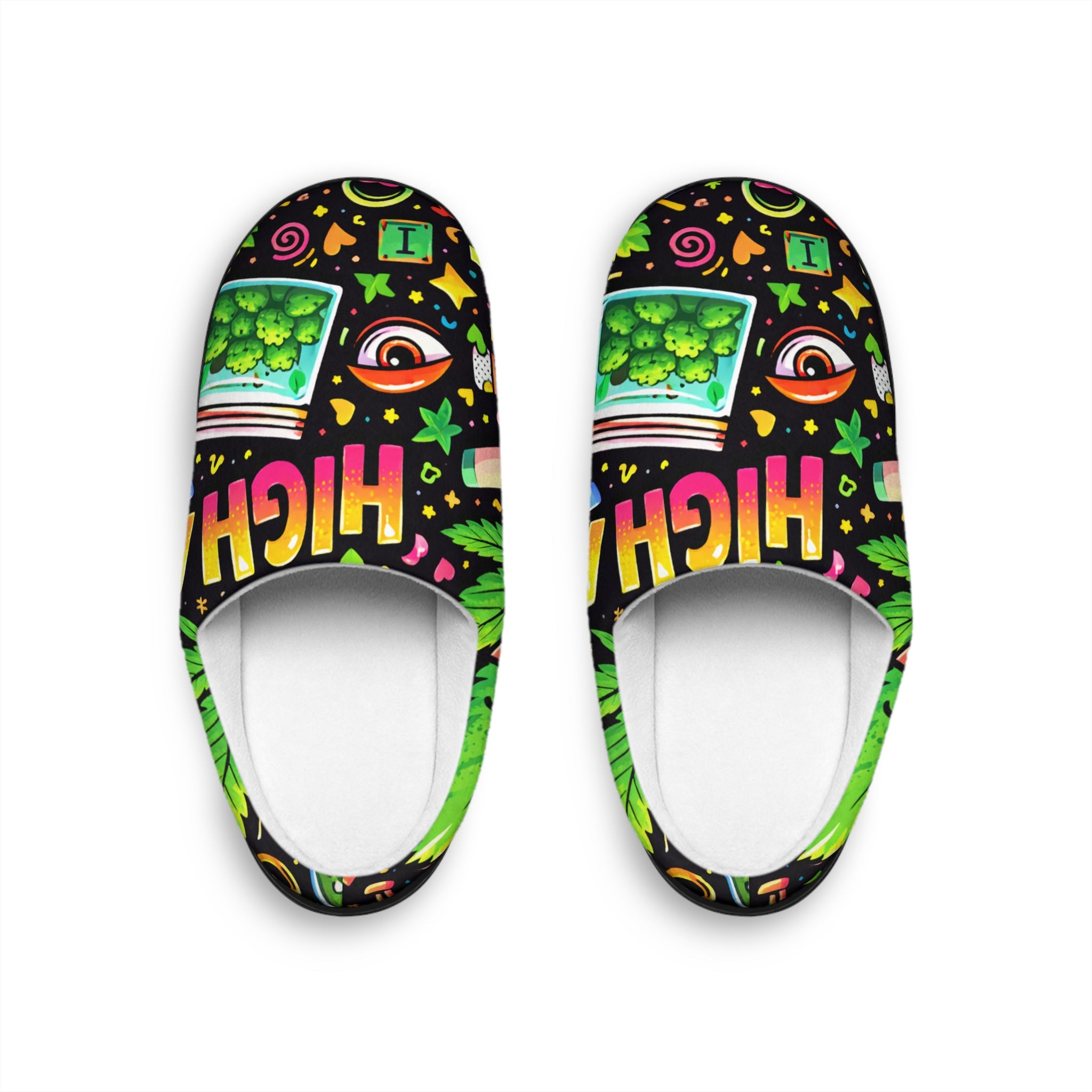Indoor Slippers — Colorful Cannabis “High” Graphic Cozy Slides