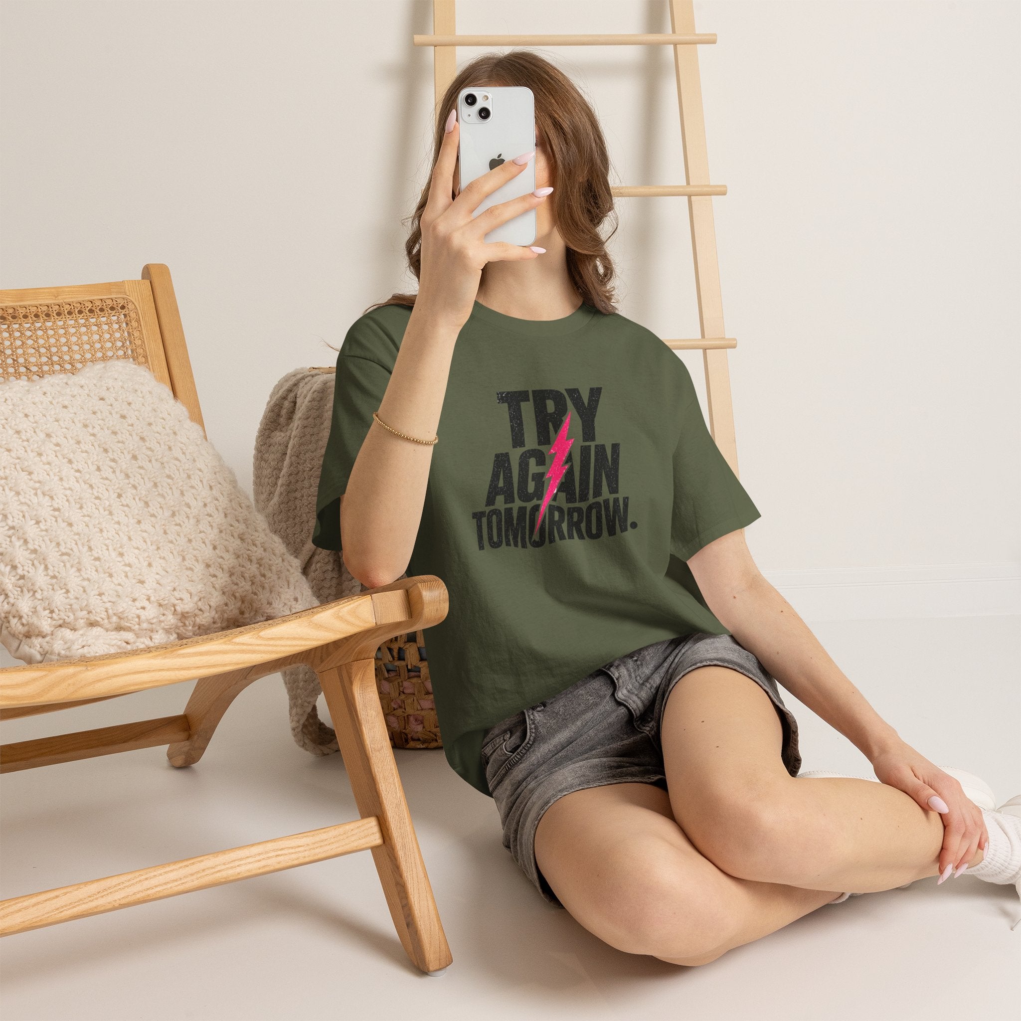 Try Again Tomorrow T-Shirt — Motivational Graphic Tee with Lightning Bolt