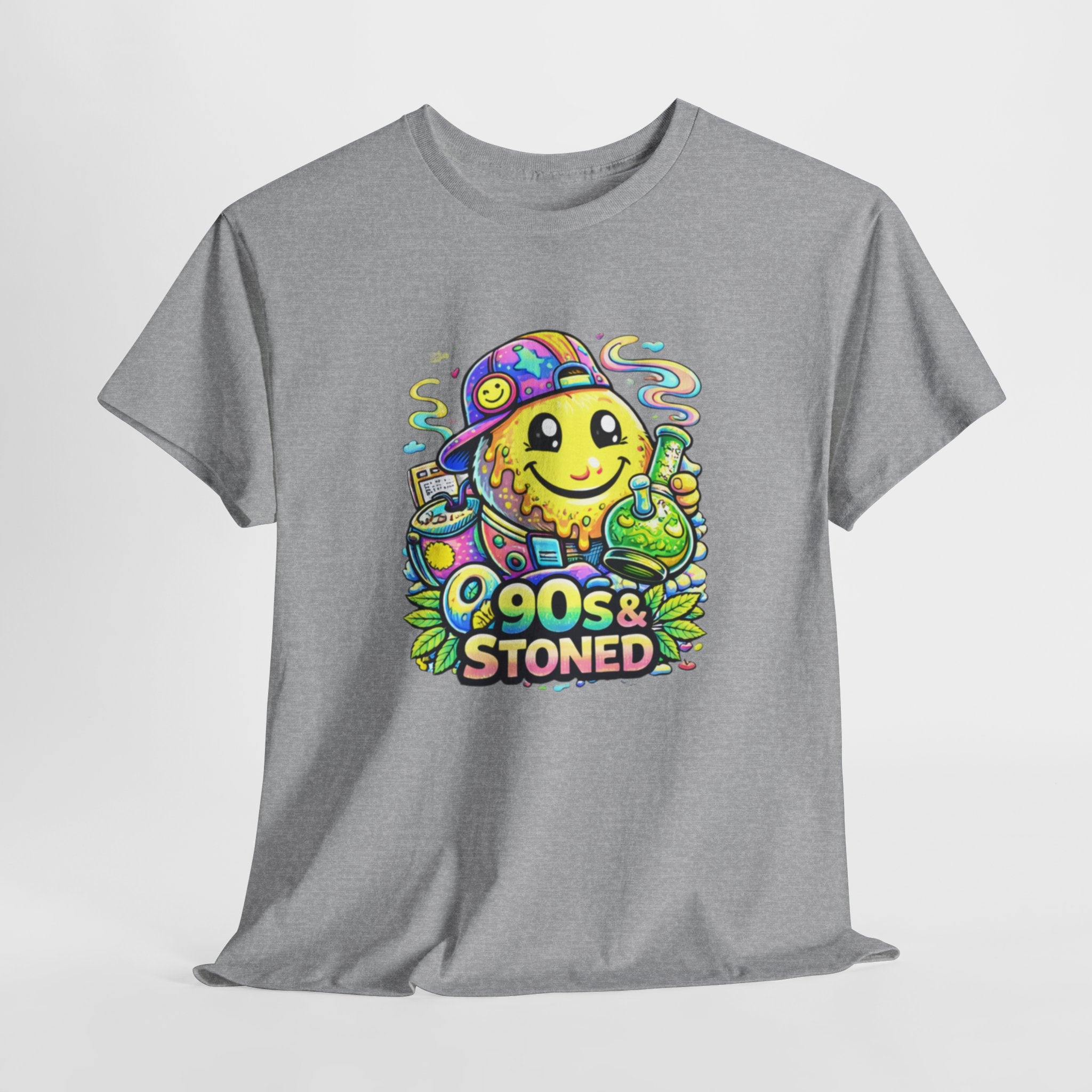 90s & Stoned Smiley Tee — Retro Vaporwave Cannabis Graphic T-Shirt