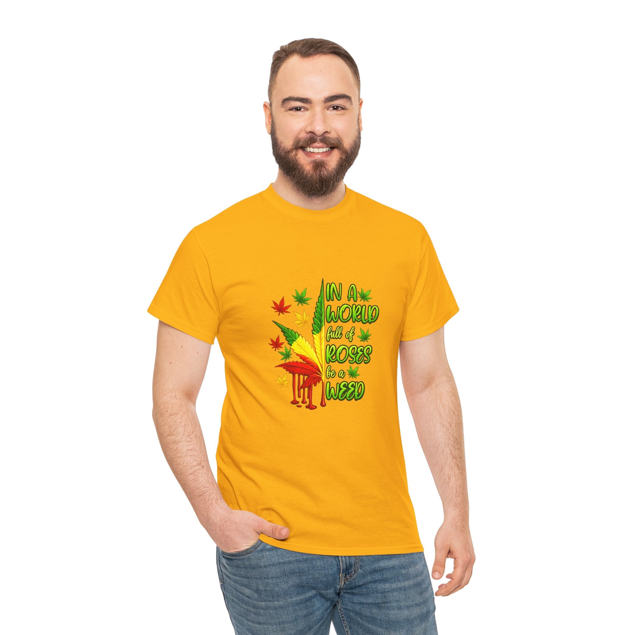 T-Shirt — "In A World Where Mosses Rule" Colorful Mushroom & Leaf Graphic