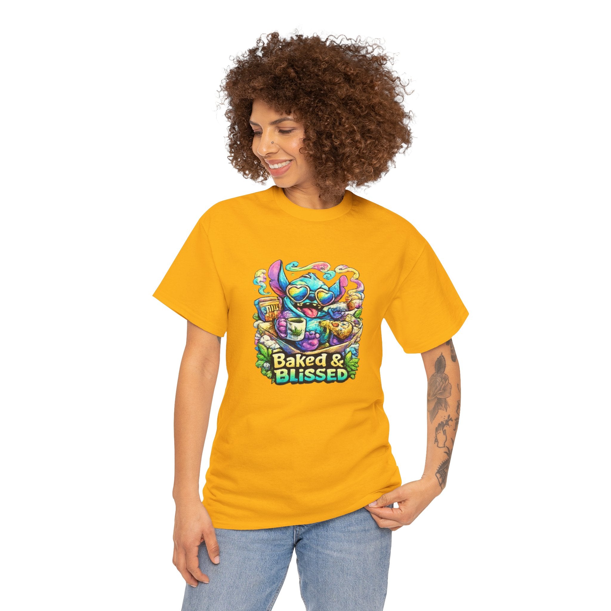 T-Shirt — Colorful 'Baked & Blissed' Cartoon Dessert Graphic Tee
