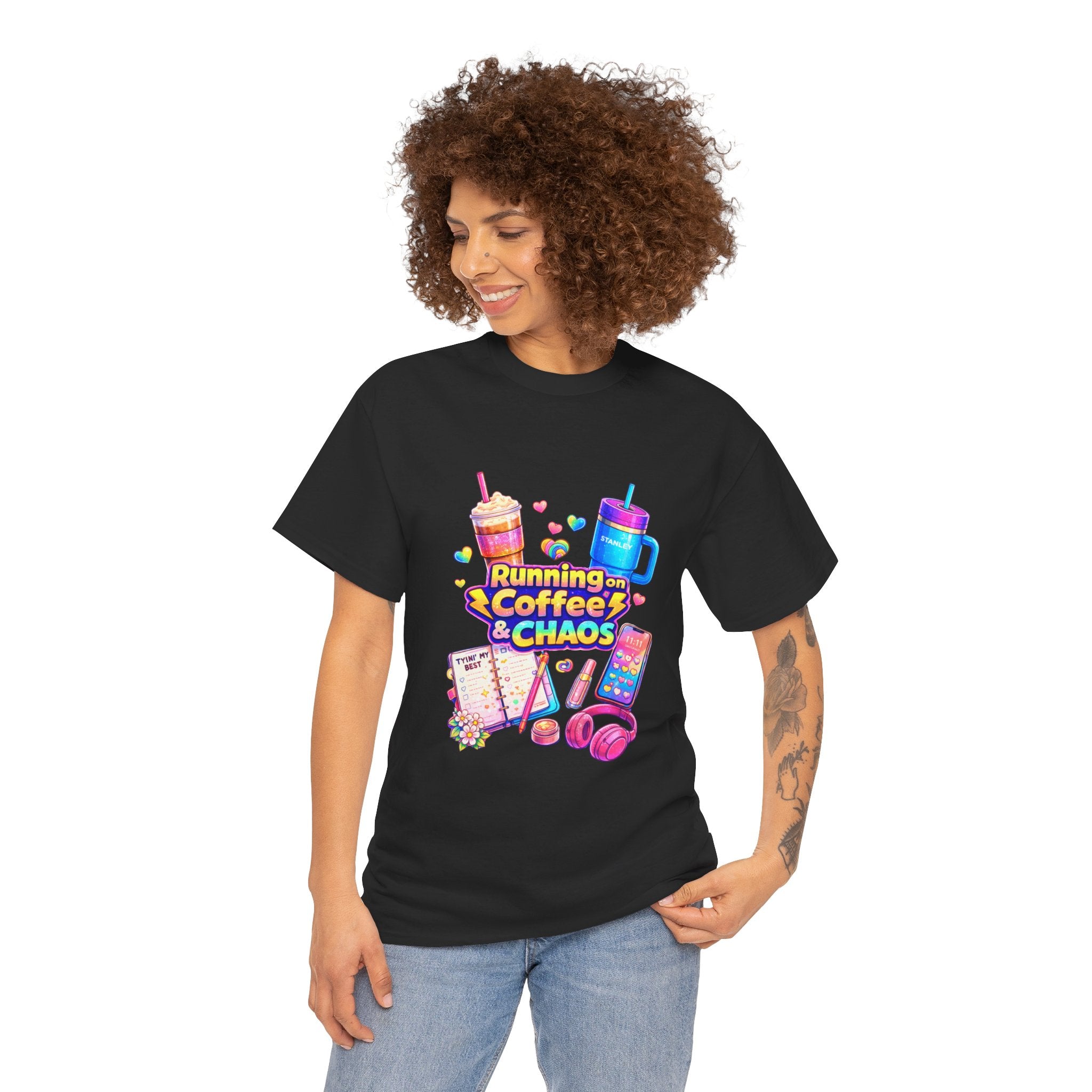 Graphic Tee — "Running on Coffee & Chaos" Colorful Planner Lover Shirt