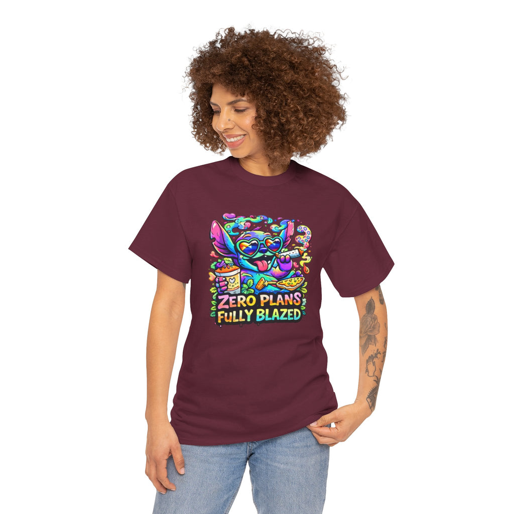 Zero Plans Fully Blazed Tee — Colorful Stoner Cat Graphic T-Shirt