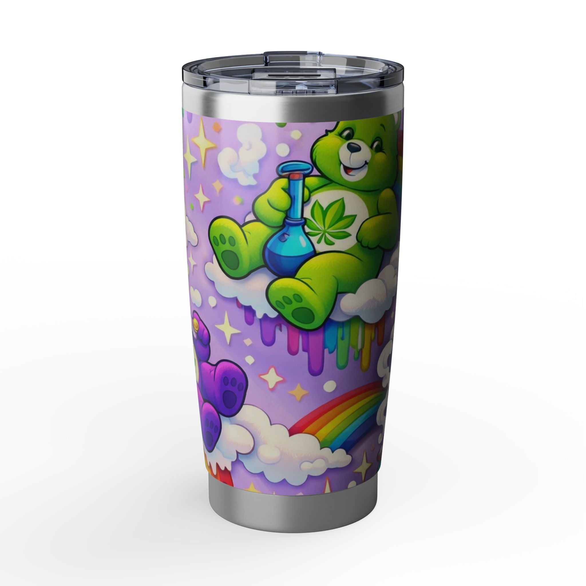 20oz Tumbler — Psychedelic Rainbow Bear Travel Cup with Leaf Motif