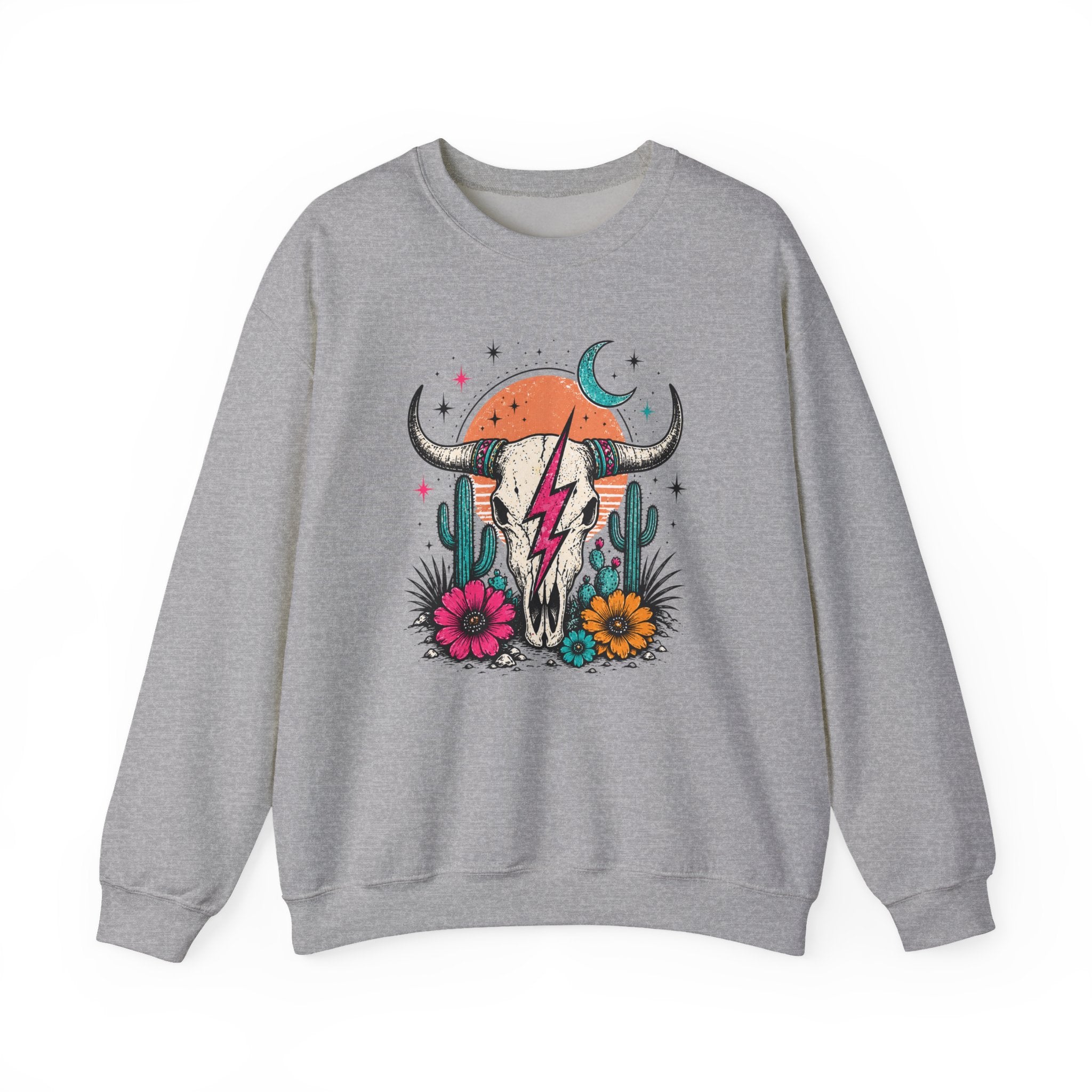 Southwest Skull Crewneck Sweatshirt — Desert Cactus Lightning Graphic