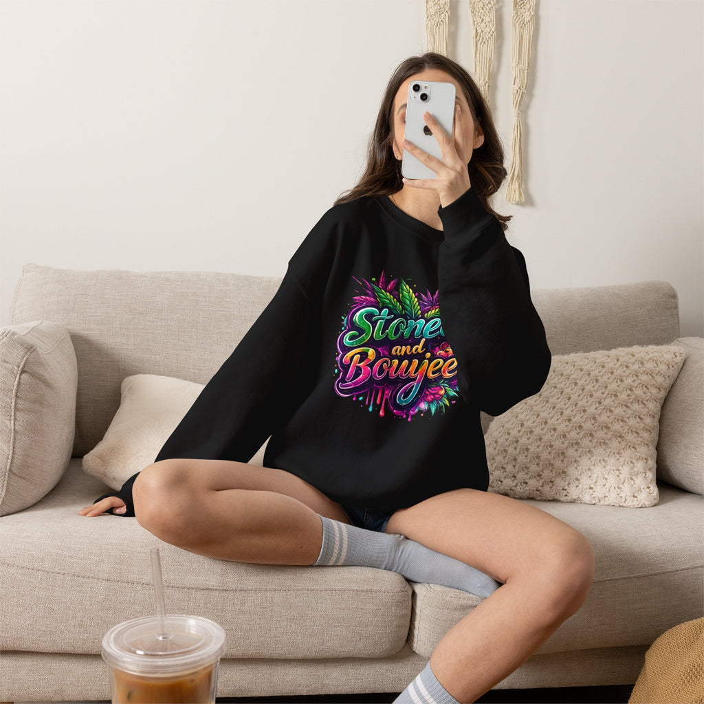 Crewneck Sweatshirt — "Stoned and Boujee" Colorful Cannabis Graphic