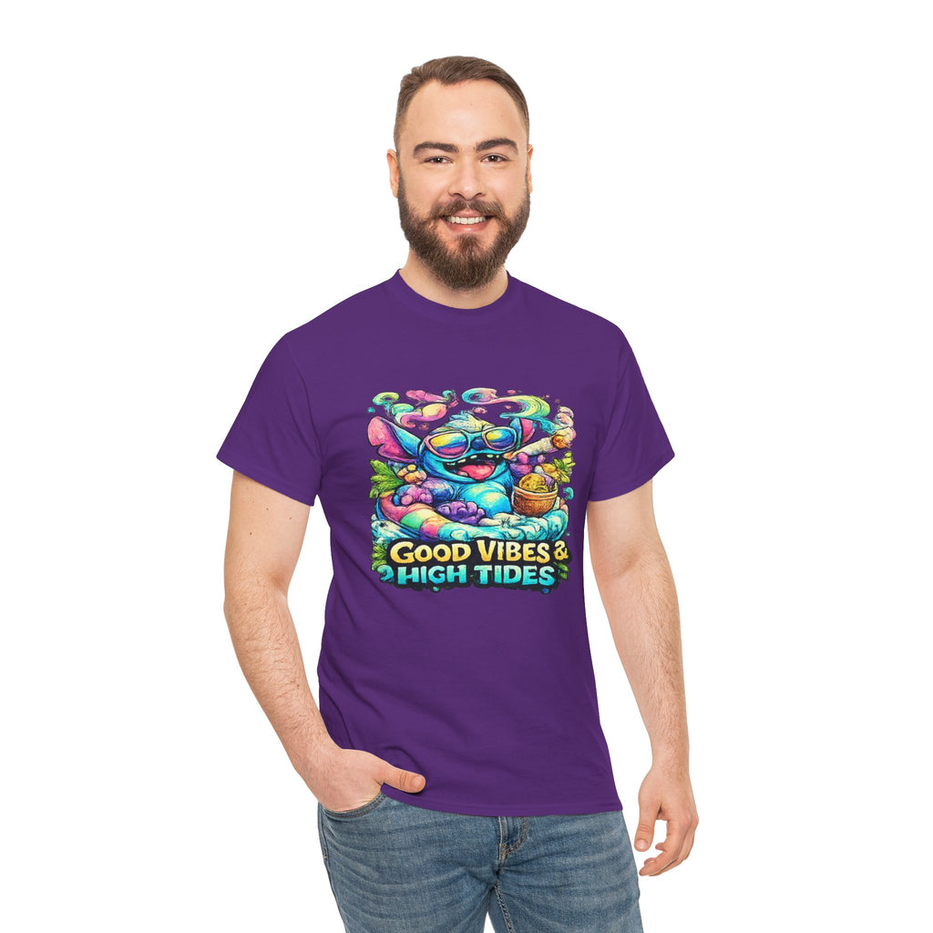 T-Shirt — "Good Vibes & High Tides" Colorful Surf Shark Graphic Tee