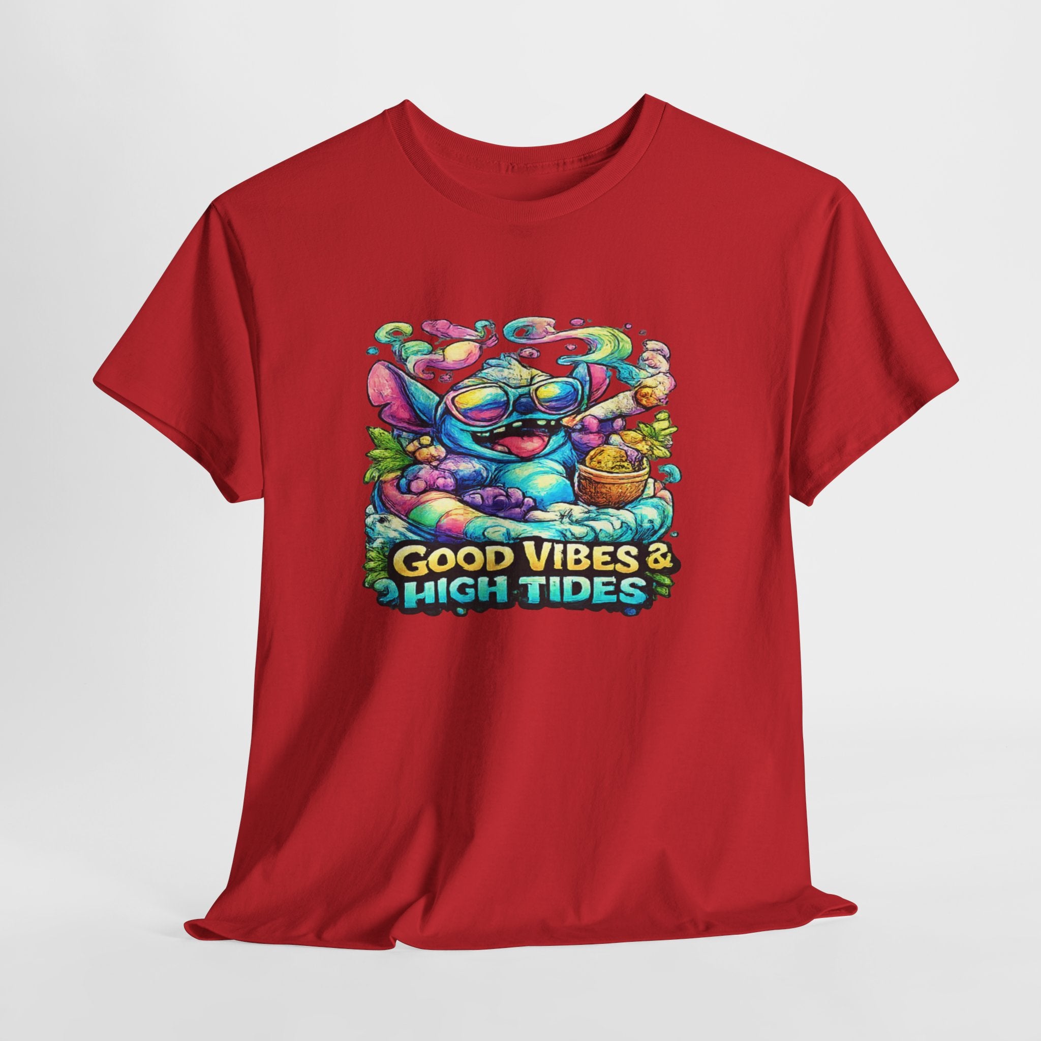 T-Shirt — "Good Vibes & High Tides" Colorful Surf Shark Graphic Tee