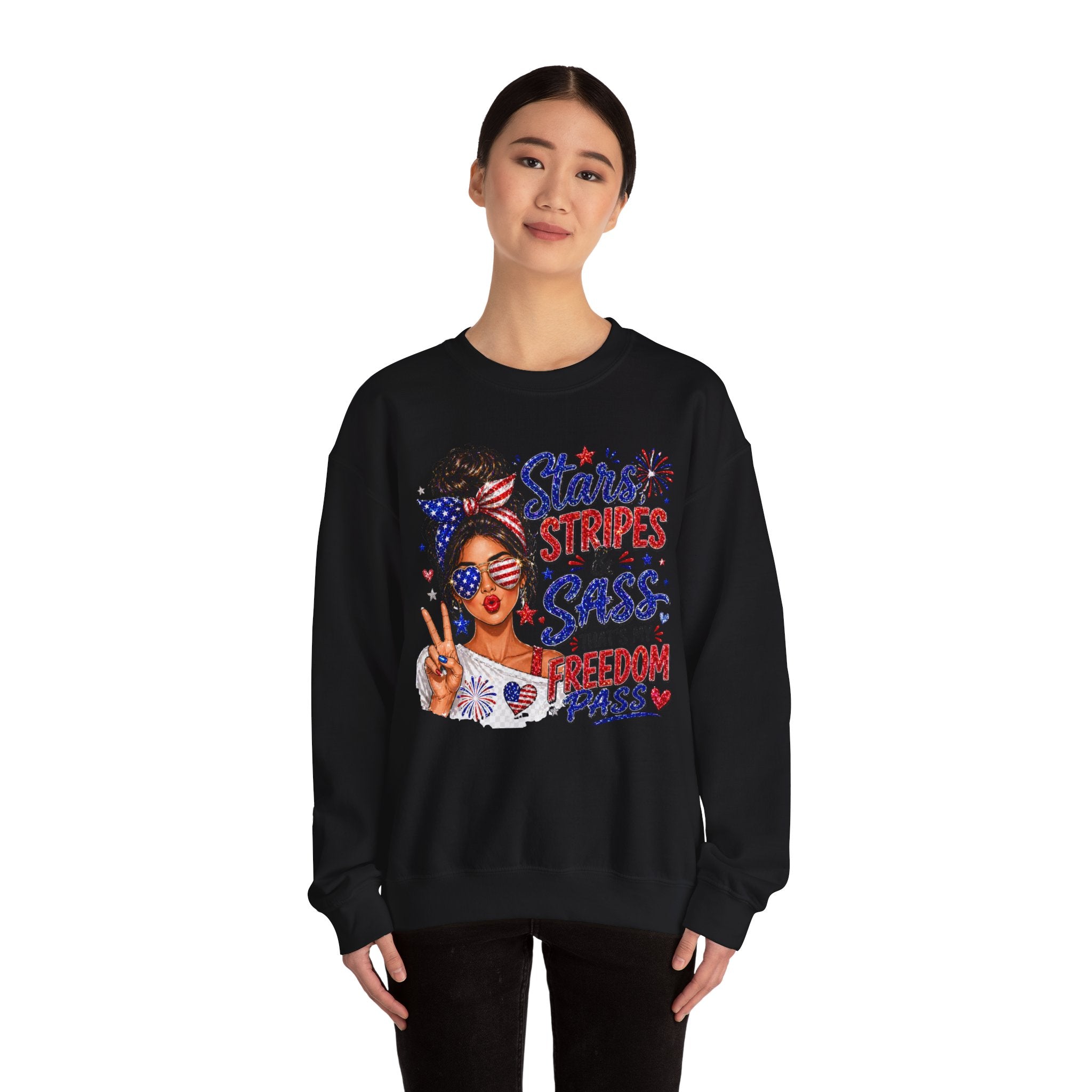 Patriotic 'Stars, Stripes & Sass' Crewneck Sweatshirt – 4th of July Freedom Pass Graphic