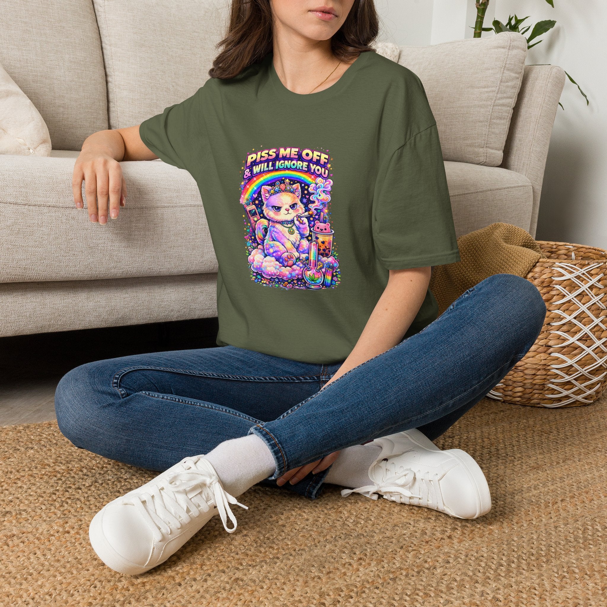Graphic T-Shirt — "Piss Me Off & I Will Ignore You" Cute Grumpy Cat Rainbow Design