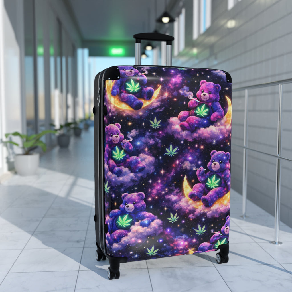 Cosmic Candy Bears Carry-On Suitcase – Purple Dreamscape Luggage with Moon & Cloud Bears