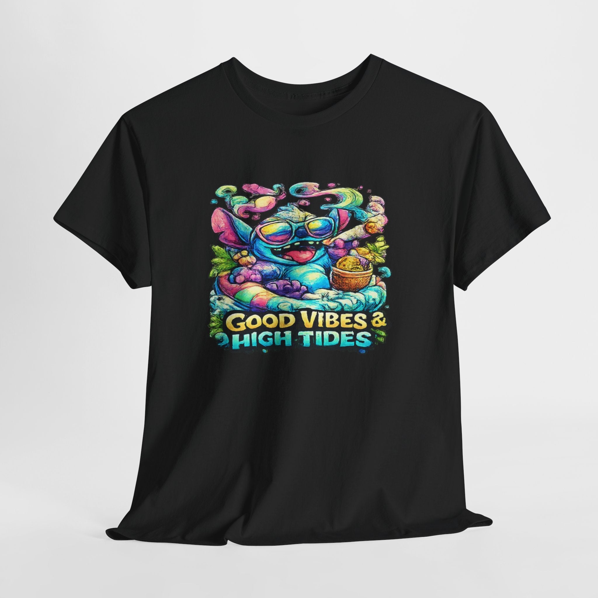 T-Shirt — "Good Vibes & High Tides" Colorful Surf Shark Graphic Tee