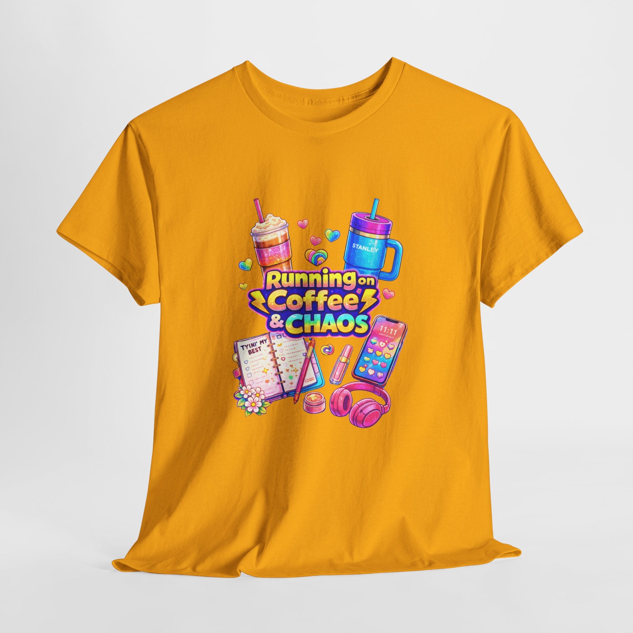 Graphic Tee — "Running on Coffee & Chaos" Colorful Planner Lover Shirt