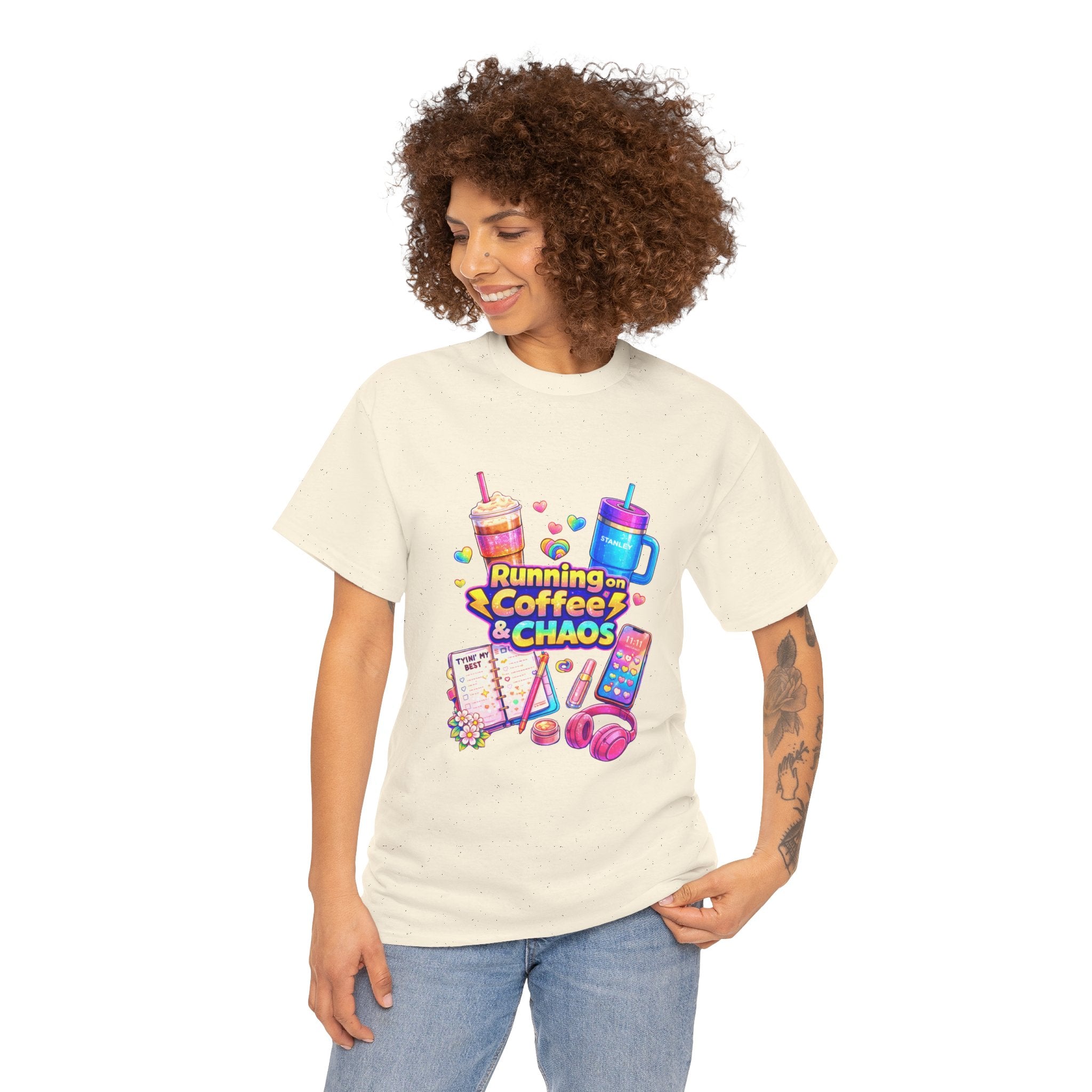 Graphic Tee — "Running on Coffee & Chaos" Colorful Planner Lover Shirt