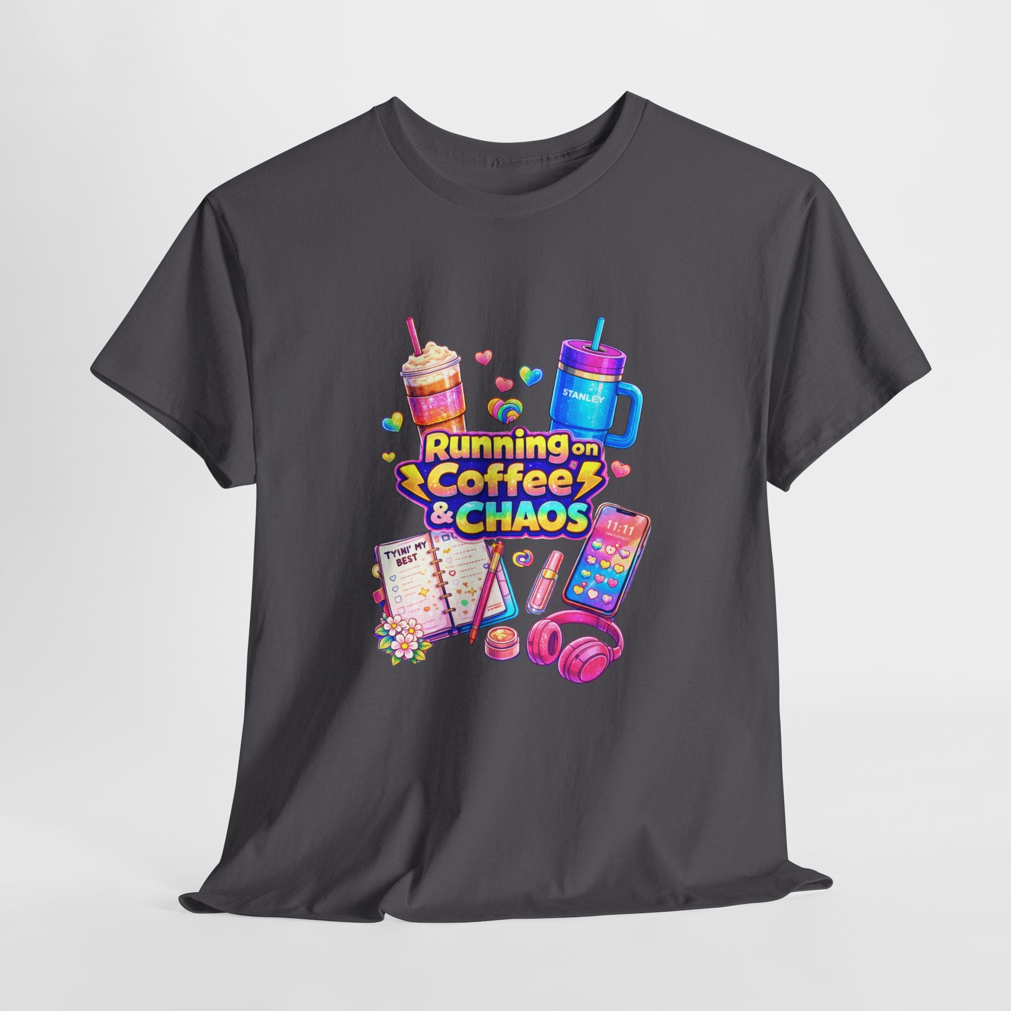 Graphic Tee — "Running on Coffee & Chaos" Colorful Planner Lover Shirt