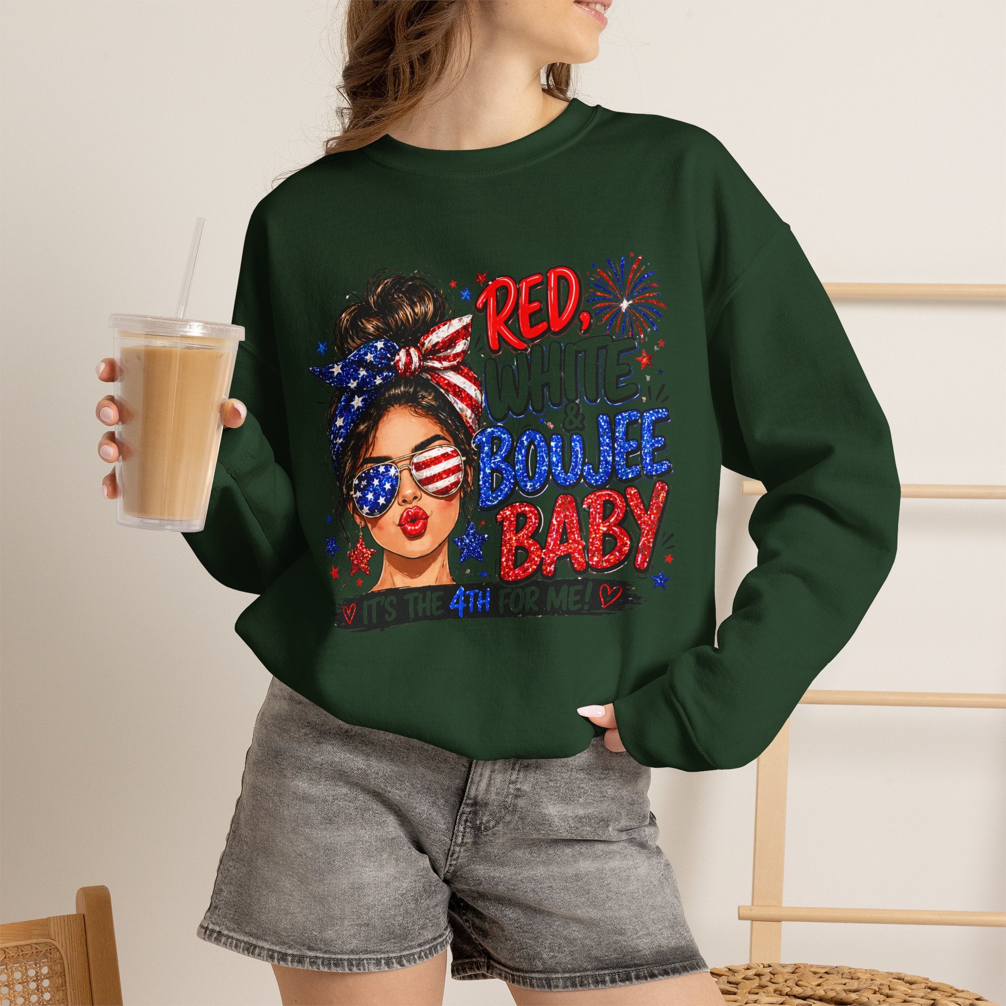 Crewneck Sweatshirt — "Red White Boujee Baby" Patriotic Women's 4th of July Graphic