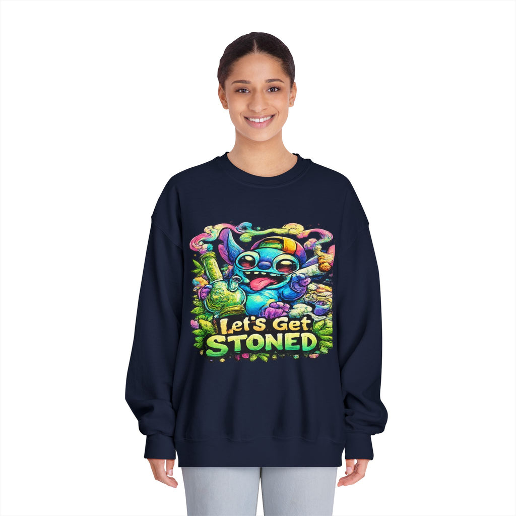 Let's Get Stoned Crewneck Sweatshirt – Colorful Psychedelic Alien Graphic