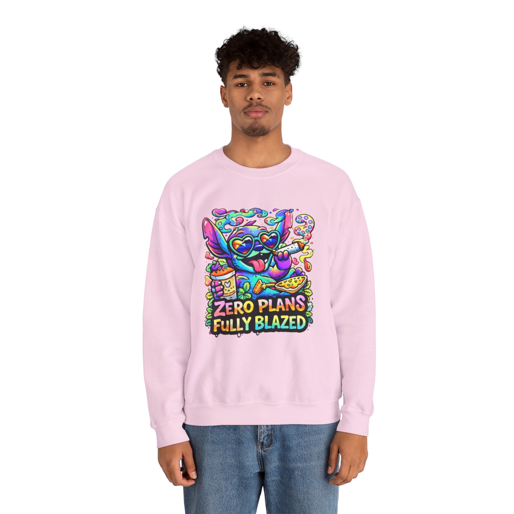 Crewneck Sweatshirt — "Zero Plans Fully Blazed" Colorful Stoner Cartoon Graphic