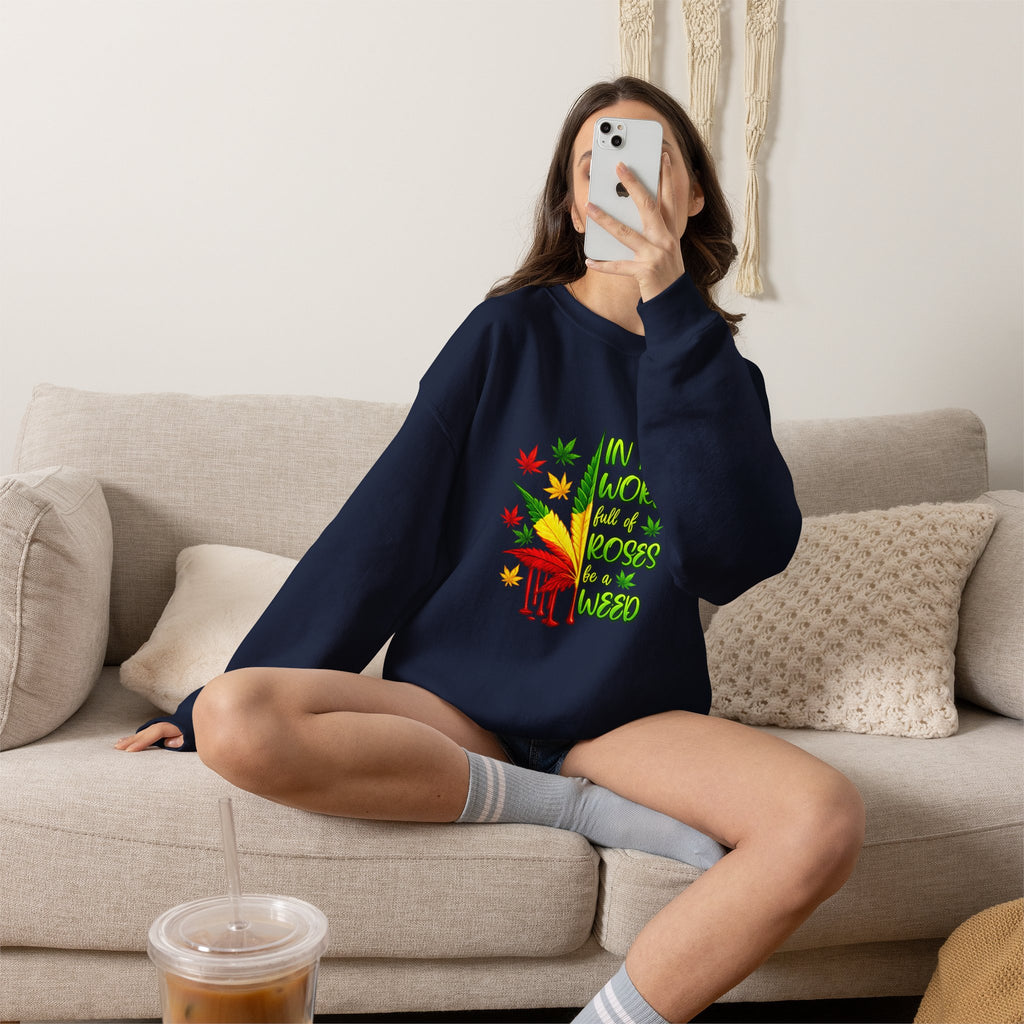 Crewneck Sweatshirt — "In a World Full of Roses Be a Weed" Rasta Cannabis Graphic