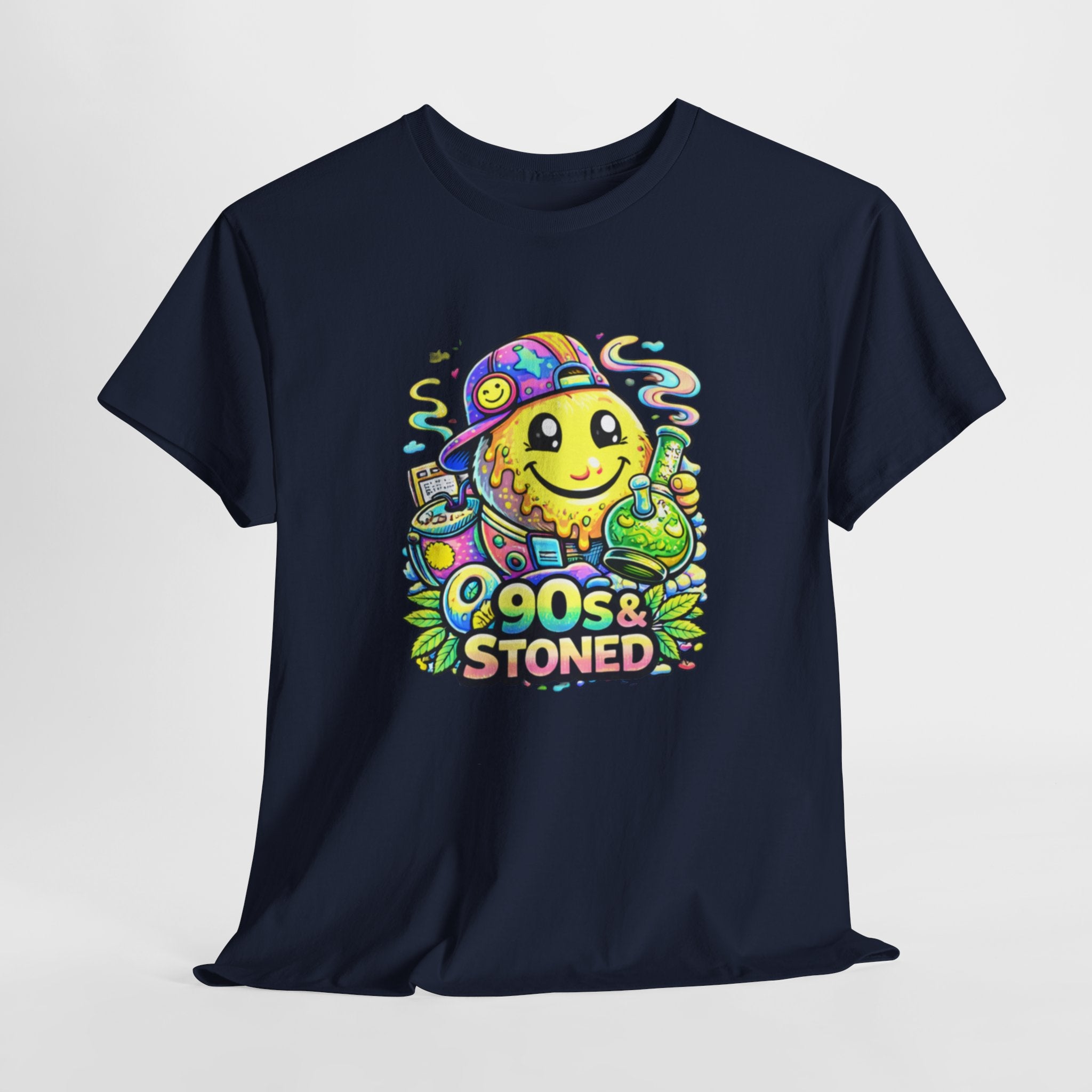 90s & Stoned Smiley Tee — Retro Vaporwave Cannabis Graphic T-Shirt