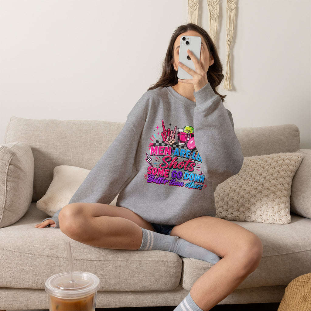 Crewneck Sweatshirt — "Men Are Like Shots" Retro Neon Cocktail Graphic