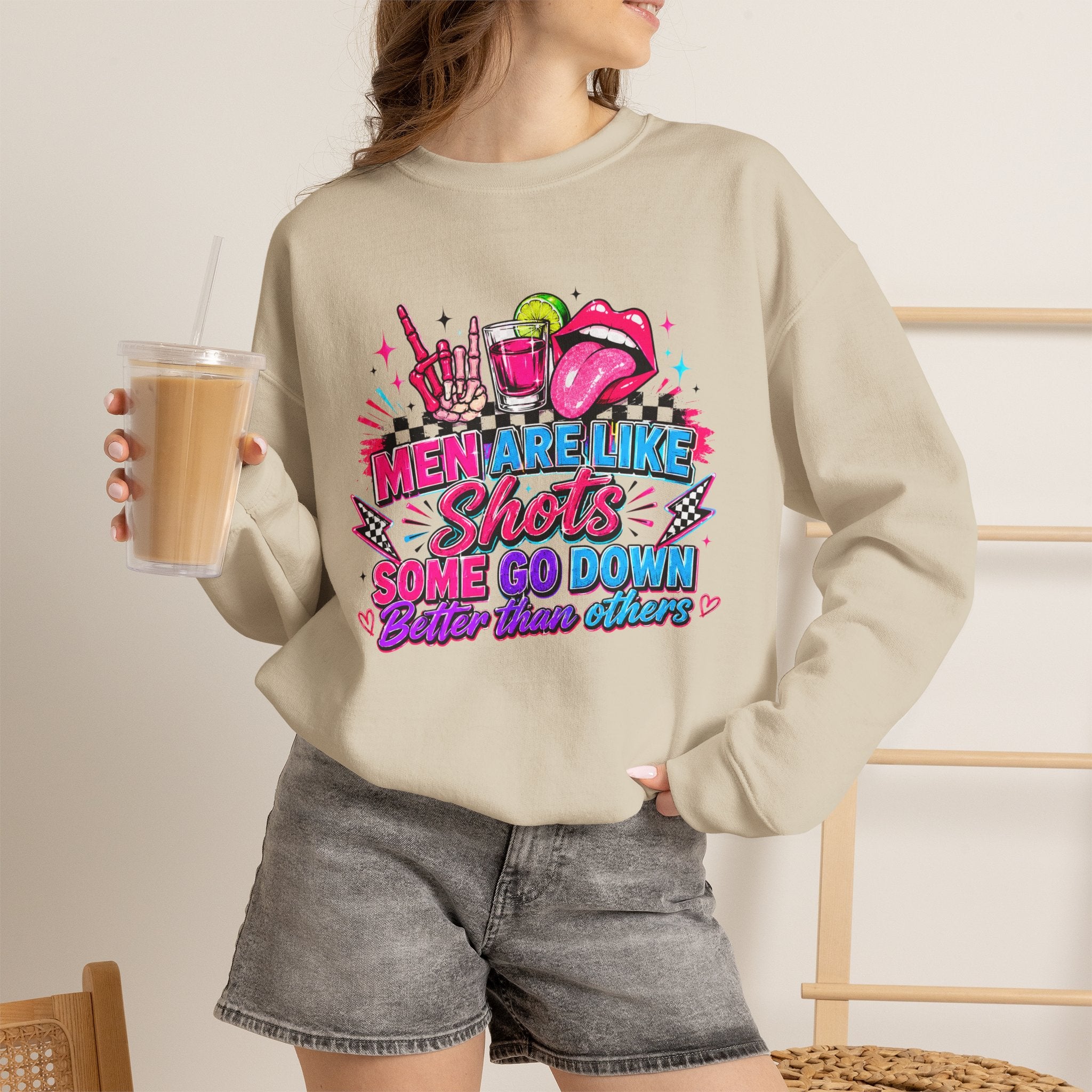 Crewneck Sweatshirt — "Men Are Like Shots" Retro Neon Cocktail Graphic