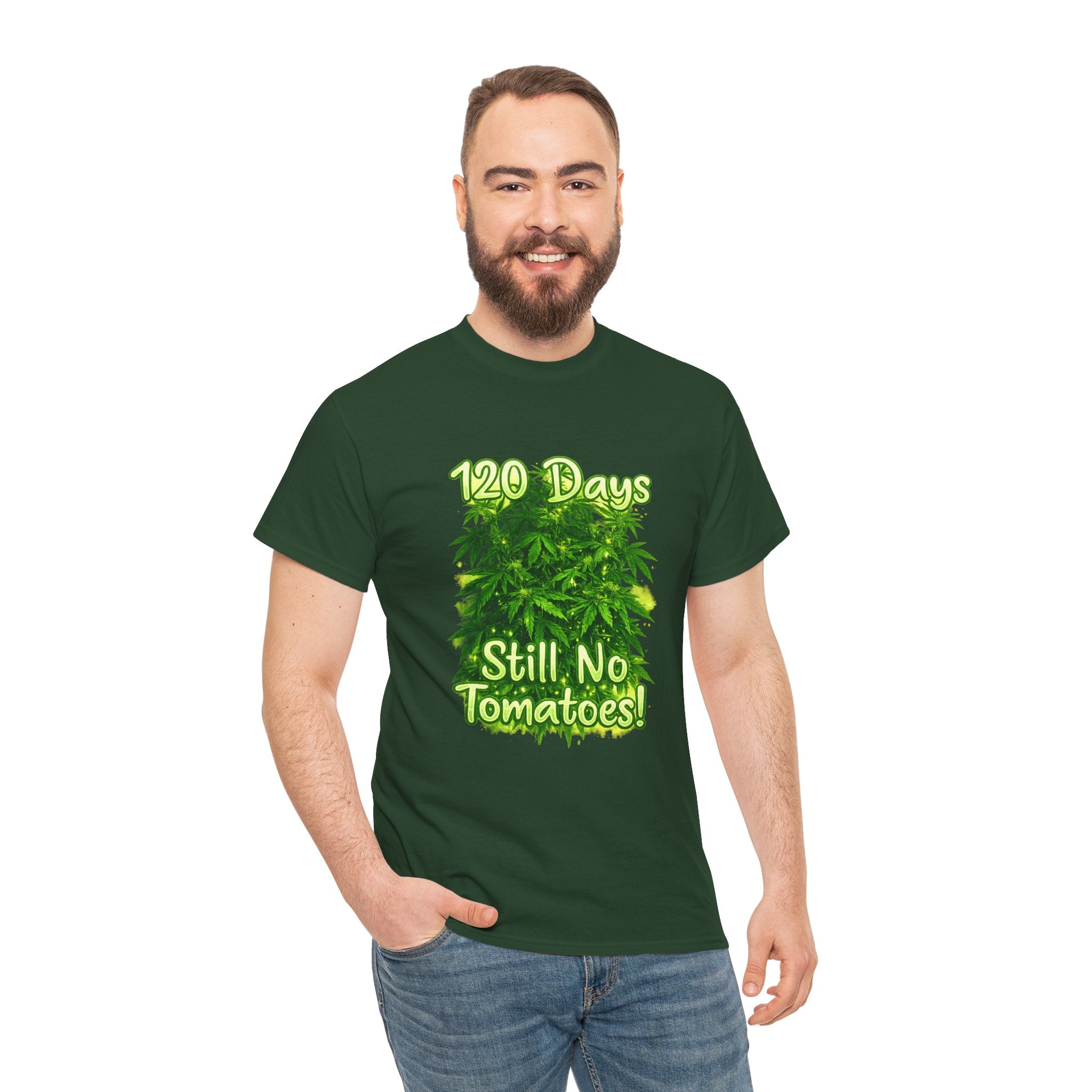 T-Shirt — "120 Days Still No Tomatoes" Garden Humor Tee