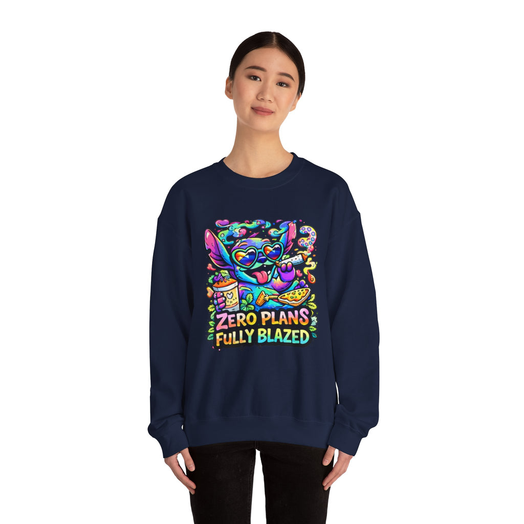 Crewneck Sweatshirt — "Zero Plans Fully Blazed" Colorful Stoner Cartoon Graphic