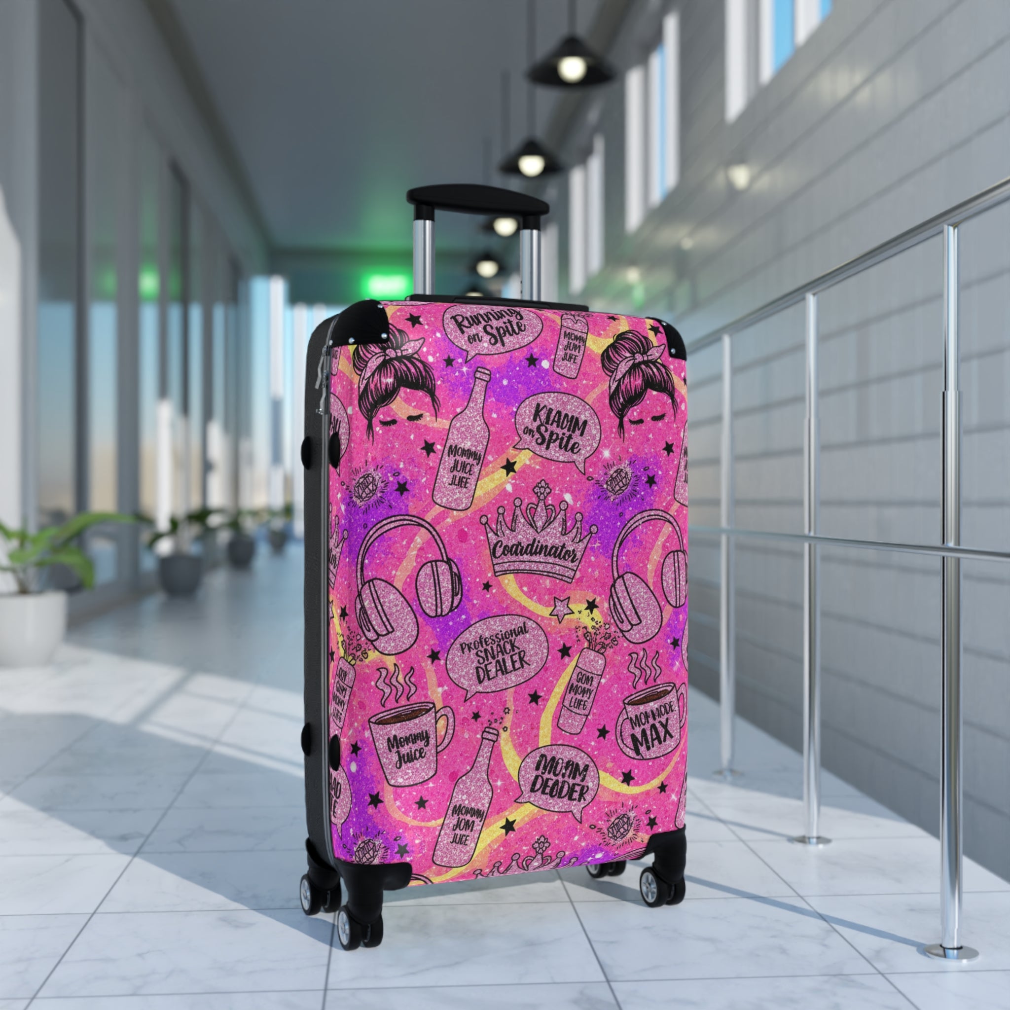 Pink Glam Travel Suitcase Cover – 'Vacay Mode' Cosmetic & Cocktail Pattern