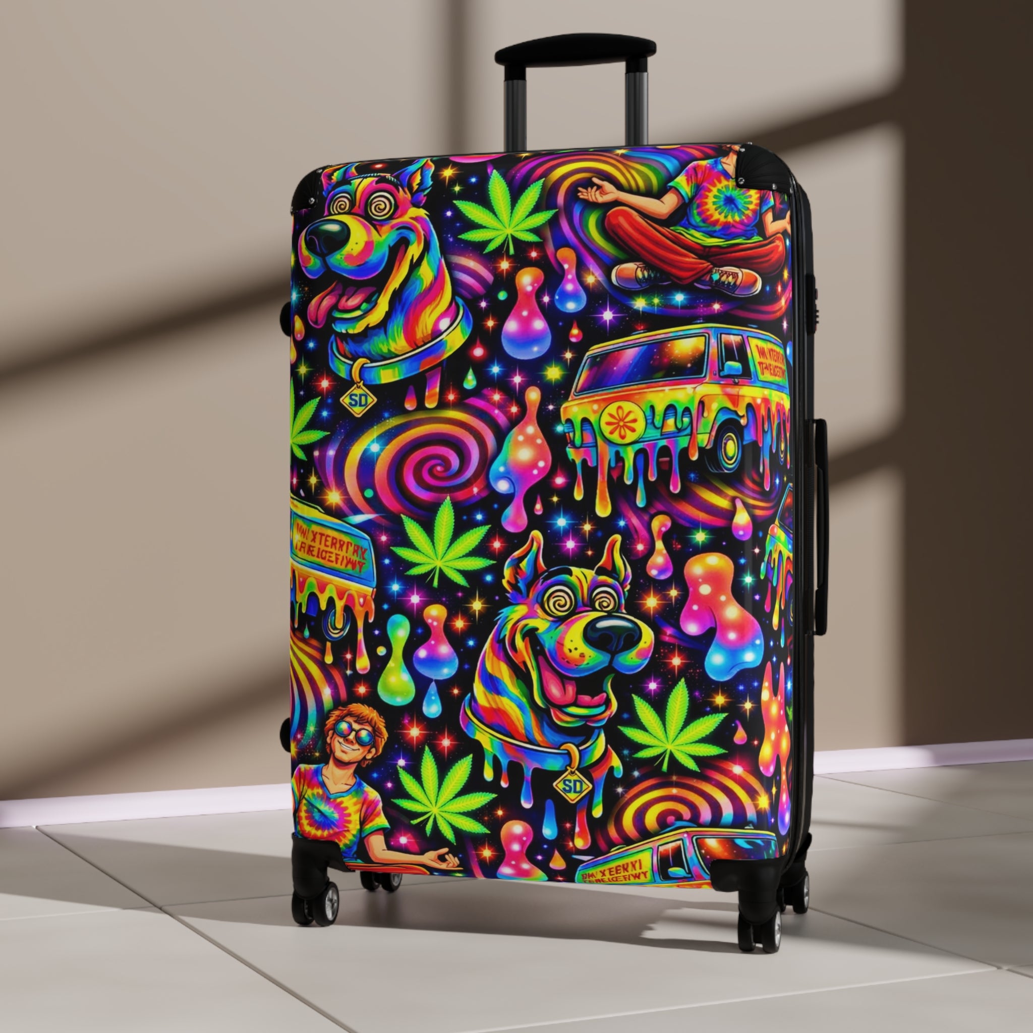 Psychedelic Travel Suitcase – Neon Hippie Dog & Van Print