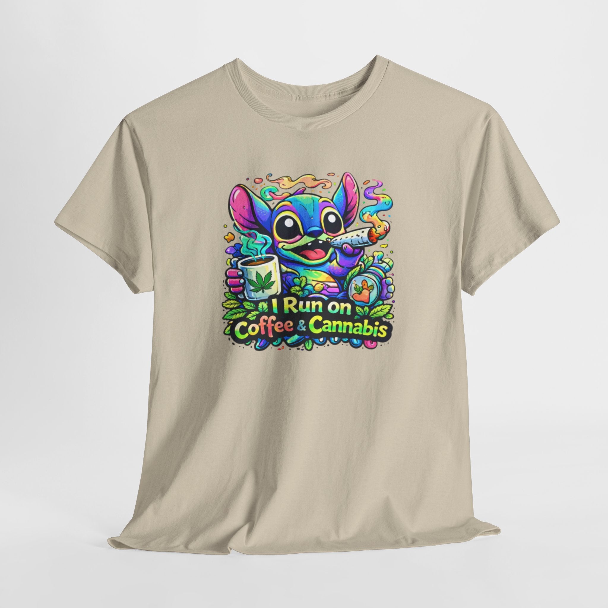 Coffee & Cannabis Tee — 'I Run on Coffee & Cannabis' Cute Stitch Graphic T-Shirt