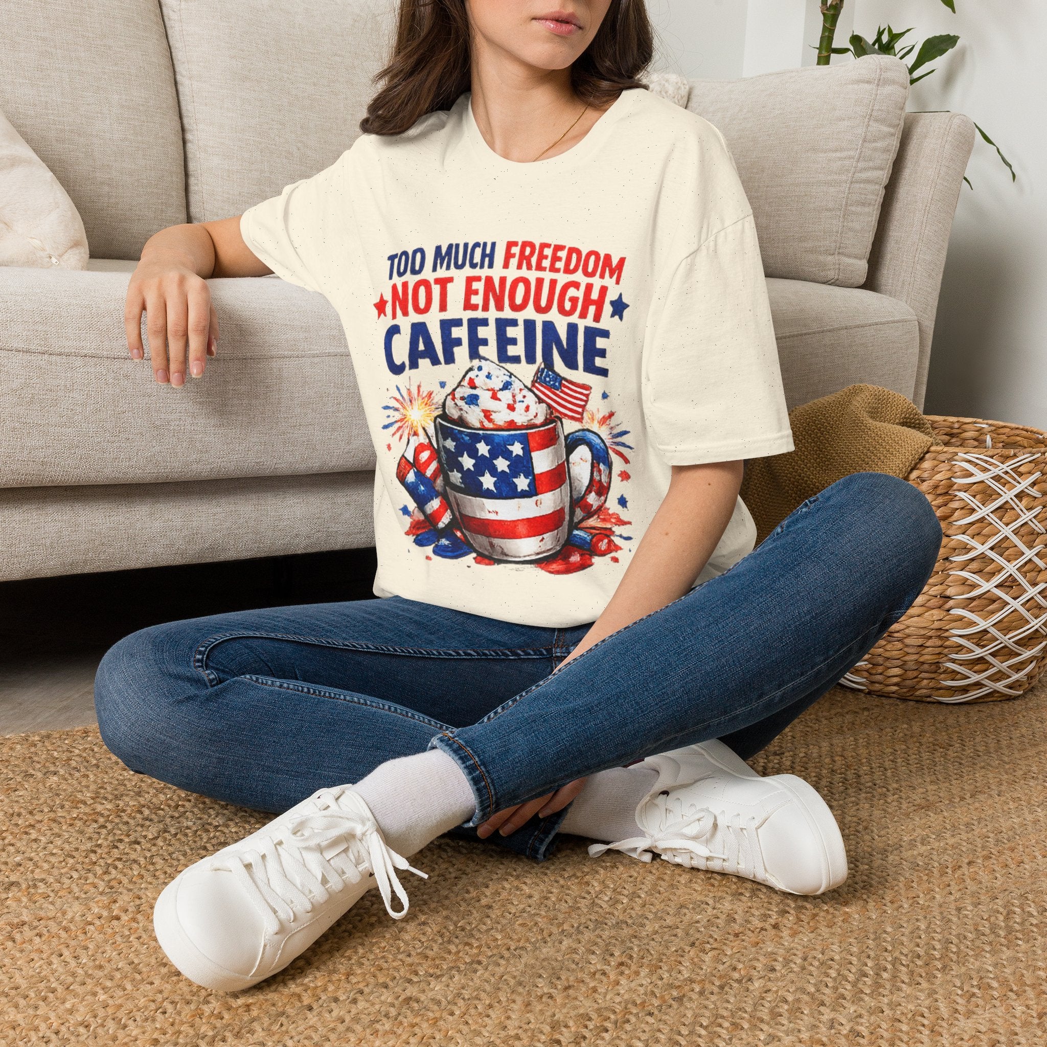 Patriotic Coffee T-Shirt — "Too Much Freedom Not Enough Caffeine"
