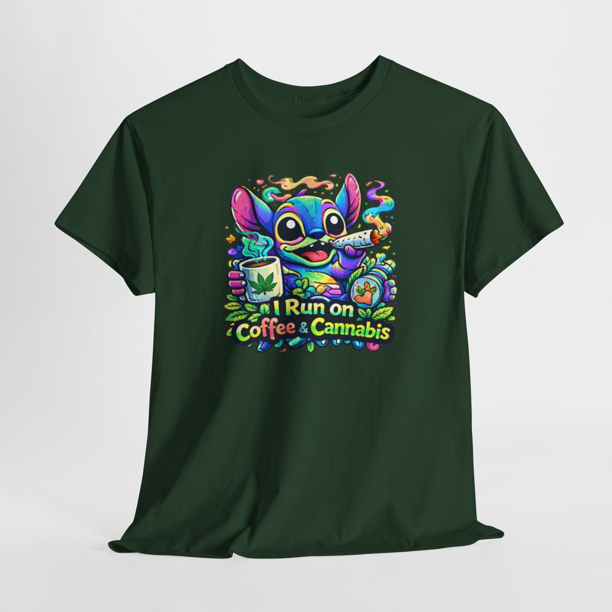 Coffee & Cannabis Tee — 'I Run on Coffee & Cannabis' Cute Stitch Graphic T-Shirt