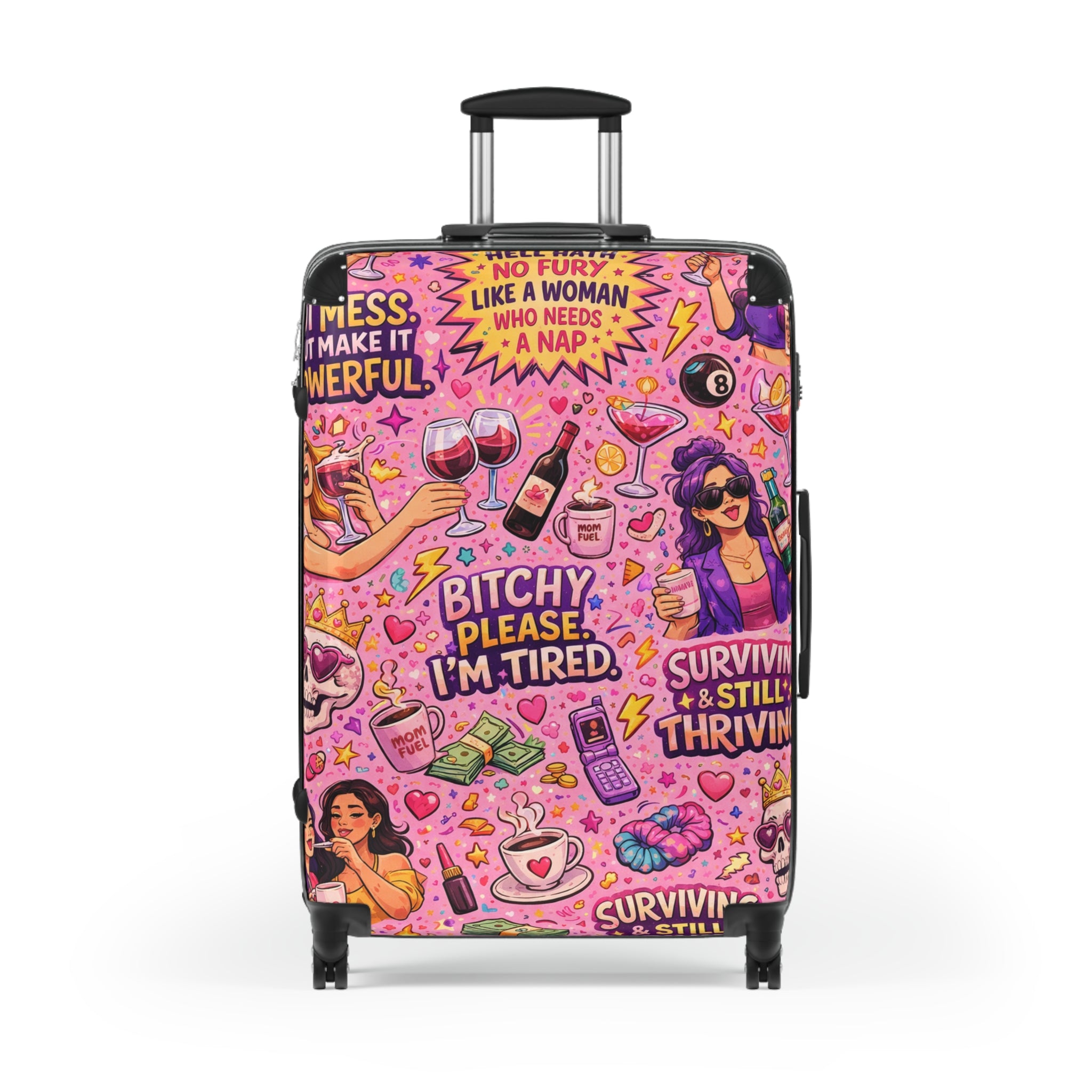 Pink Sassy Travel Suitcase – "Bitchy, Please I'm Tired" Patterned Carry-On
