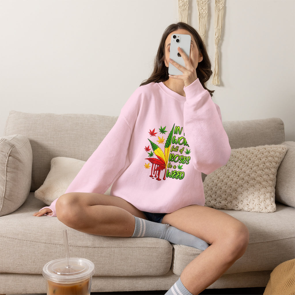Crewneck Sweatshirt — "In a World Full of Roses Be a Weed" Rasta Cannabis Graphic