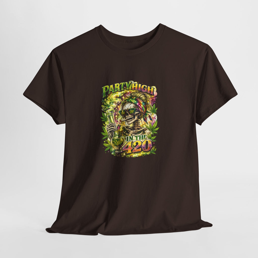 T-Shirt — 'Party High the 420' Cannabis Skull Graphic Tee