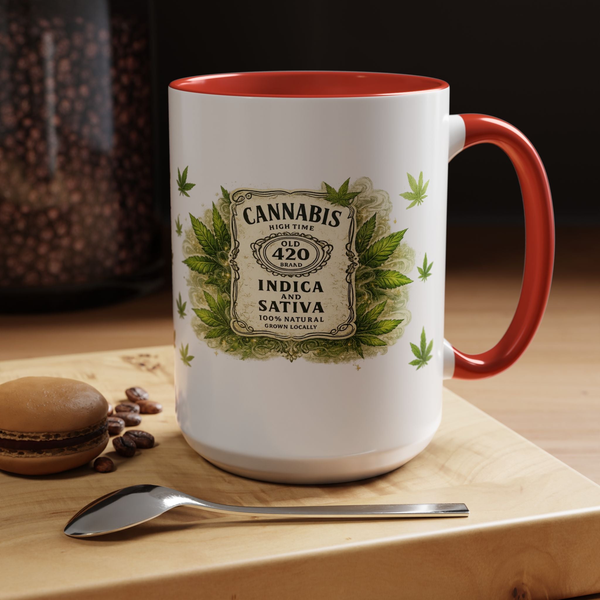 Cannabis 420 Accent Coffee Mug — Indica & Sativa Leaf Pattern (11/15oz)