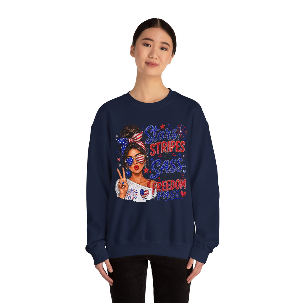 Patriotic 'Stars, Stripes & Sass' Crewneck Sweatshirt – 4th of July Freedom Pass Graphic