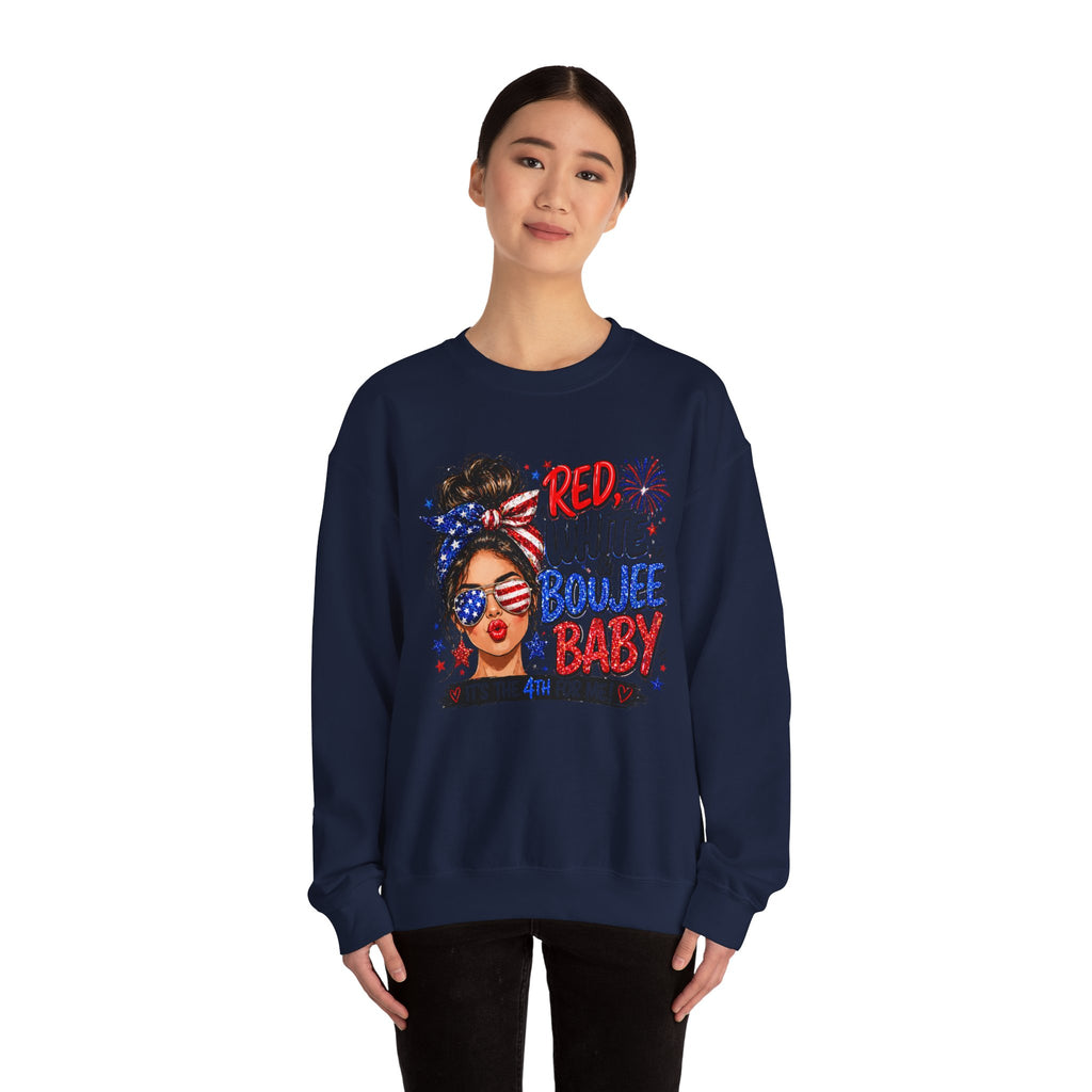 Crewneck Sweatshirt — "Red White Boujee Baby" Patriotic Women's 4th of July Graphic