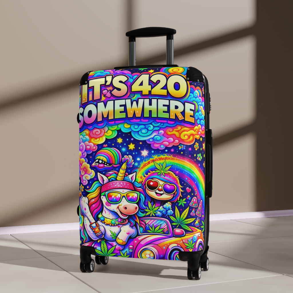 420 Rainbow Travel Suitcase — "It’s 420 Somewhere" Colorful Unicorn & Sloth Luggage Cover