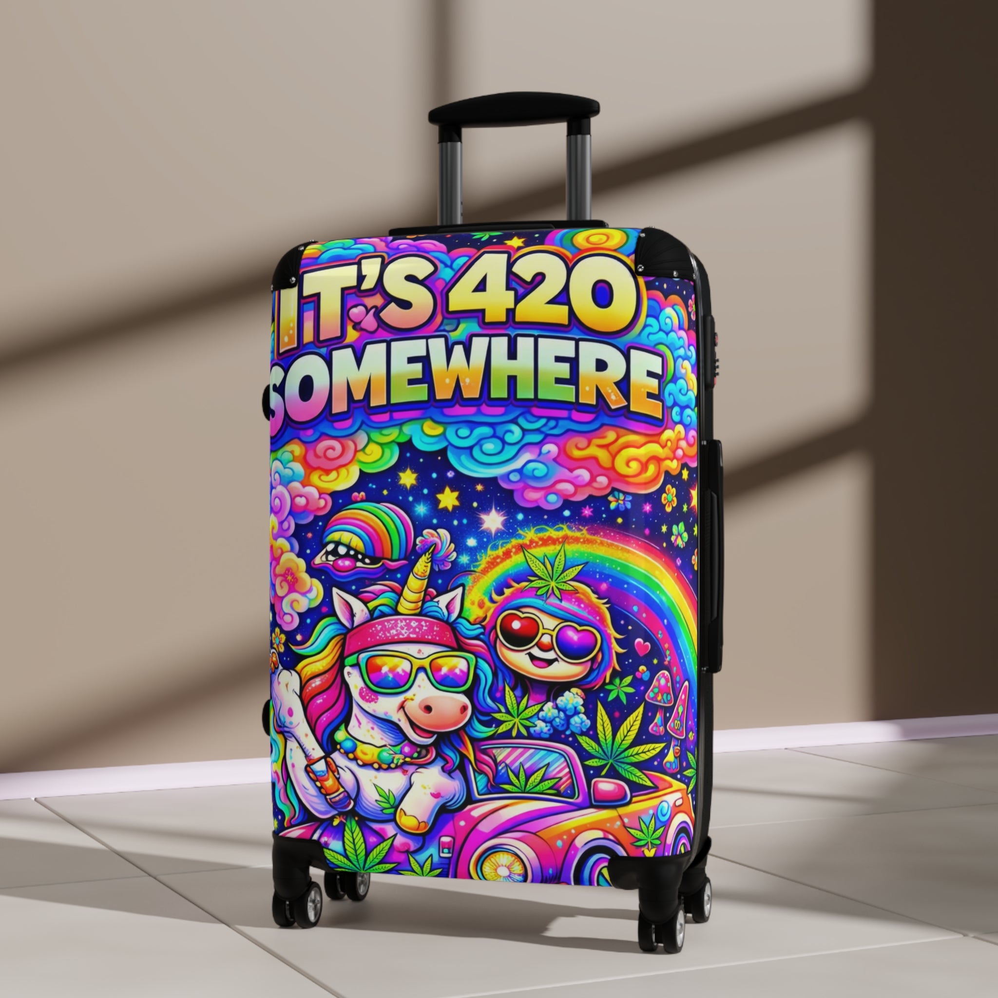 420 Rainbow Travel Suitcase — "It’s 420 Somewhere" Colorful Unicorn & Sloth Luggage Cover