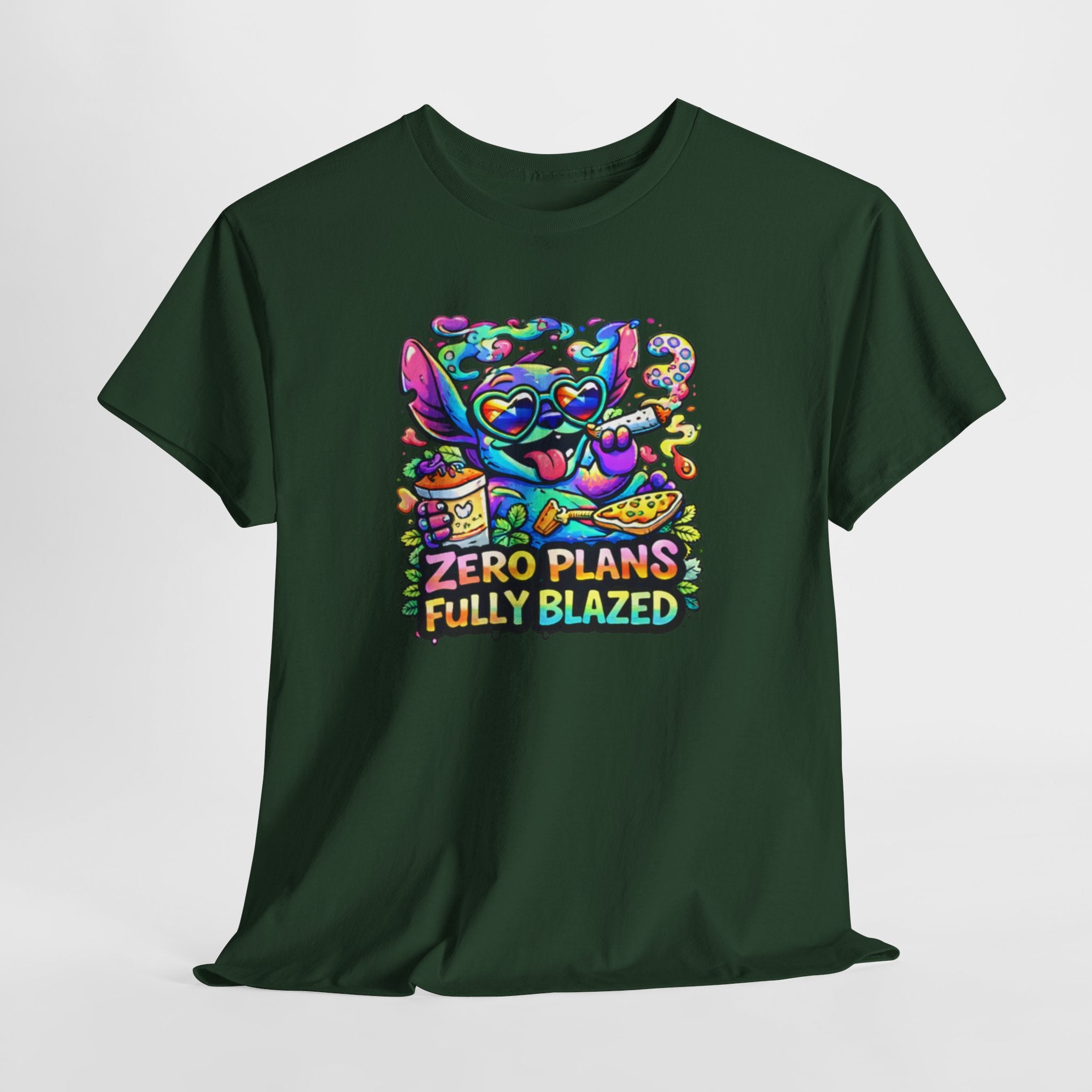 Zero Plans Fully Blazed Tee — Colorful Stoner Cat Graphic T-Shirt