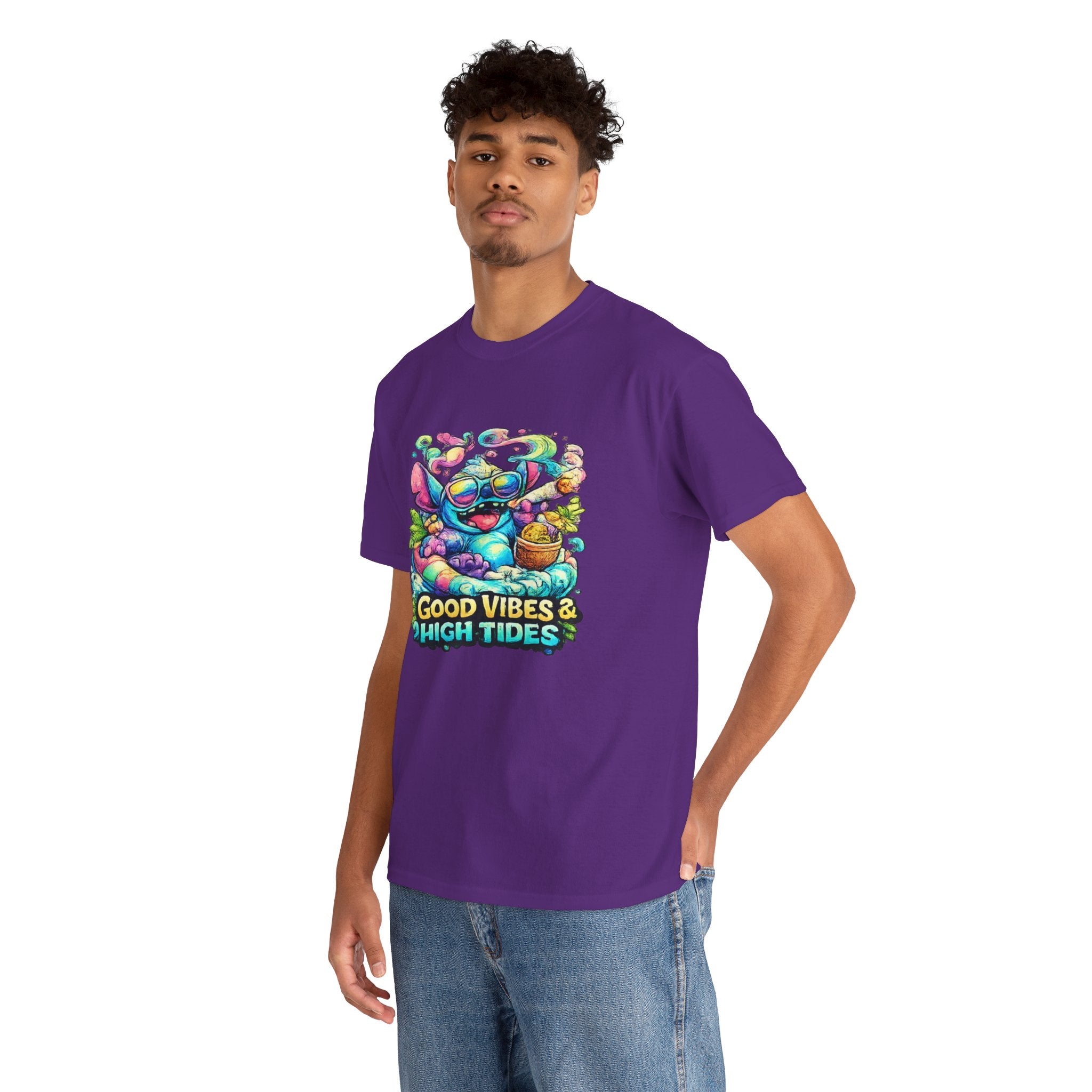 T-Shirt — "Good Vibes & High Tides" Colorful Surf Shark Graphic Tee