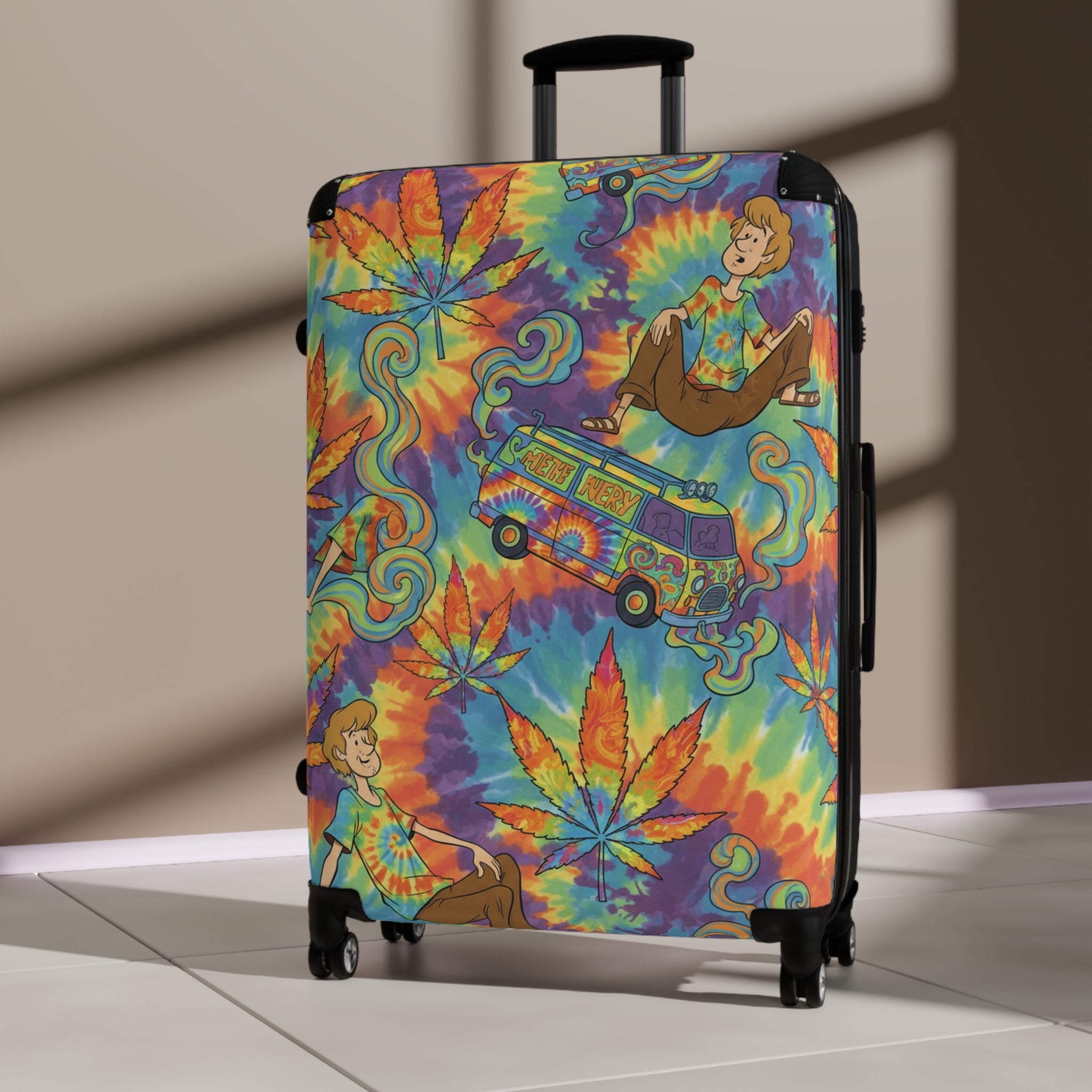 Tie-Dye Hippie Van Suitcase - Colorful Retro Cannabis Leaf Carry-On