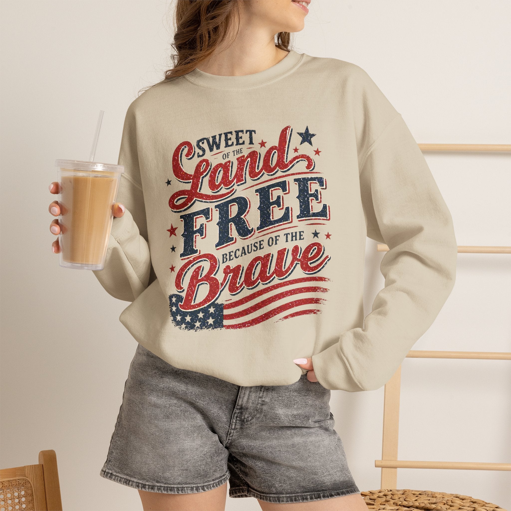 Crewneck Sweatshirt — "Sweet Land Free Because of the Brave" Patriotic Flag Design